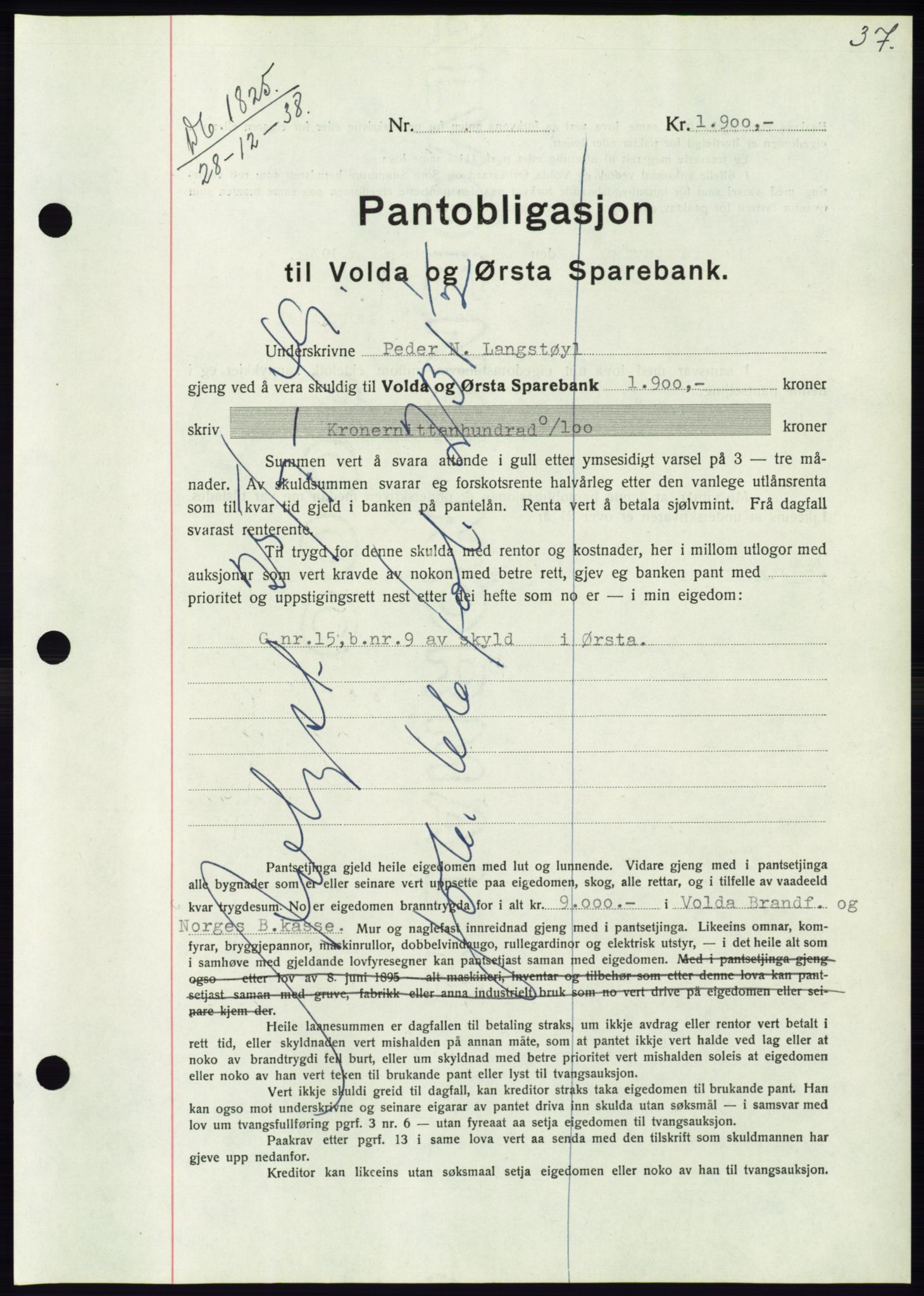 Søre Sunnmøre sorenskriveri, AV/SAT-A-4122/1/2/2C/L0067: Mortgage book no. 61, 1938-1939, Diary no: : 1825/1938