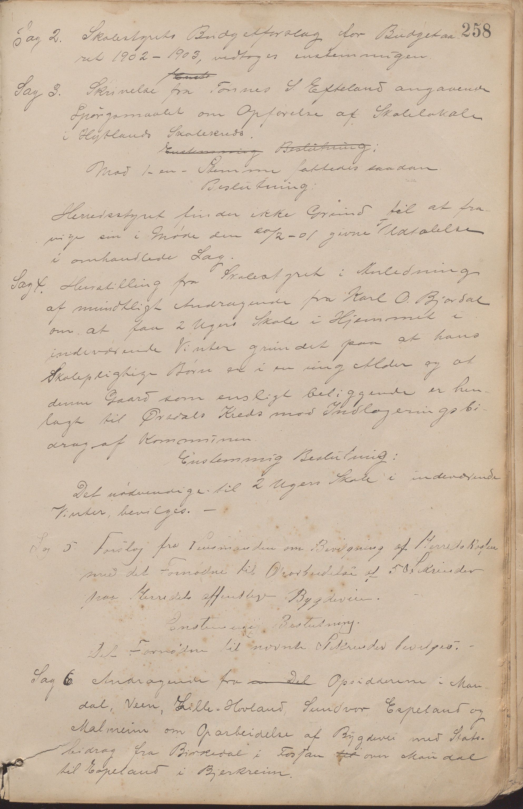 Bjerkreim kommune - Formannskapet/Sentraladministrasjonen, IKAR/K-101531/A/Aa/L0002: Møtebok, 1884-1903, p. 258a