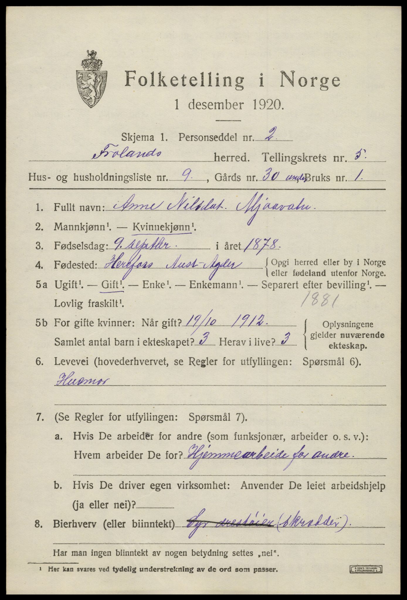 SAK, 1920 census for Froland, 1920, p. 3725