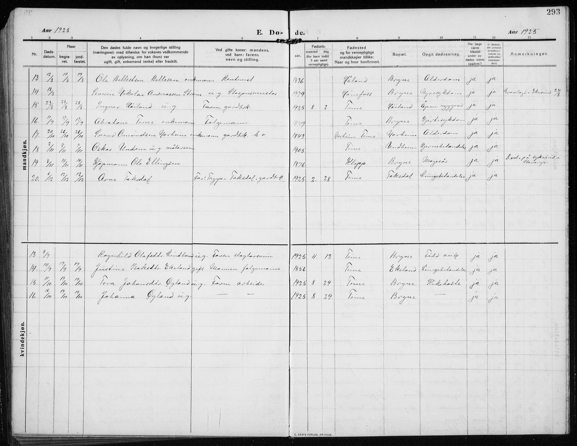 Time sokneprestkontor, SAST/A-101795/001/30BB/L0001: Parish register (copy) no. B 1, 1910-1932, p. 293