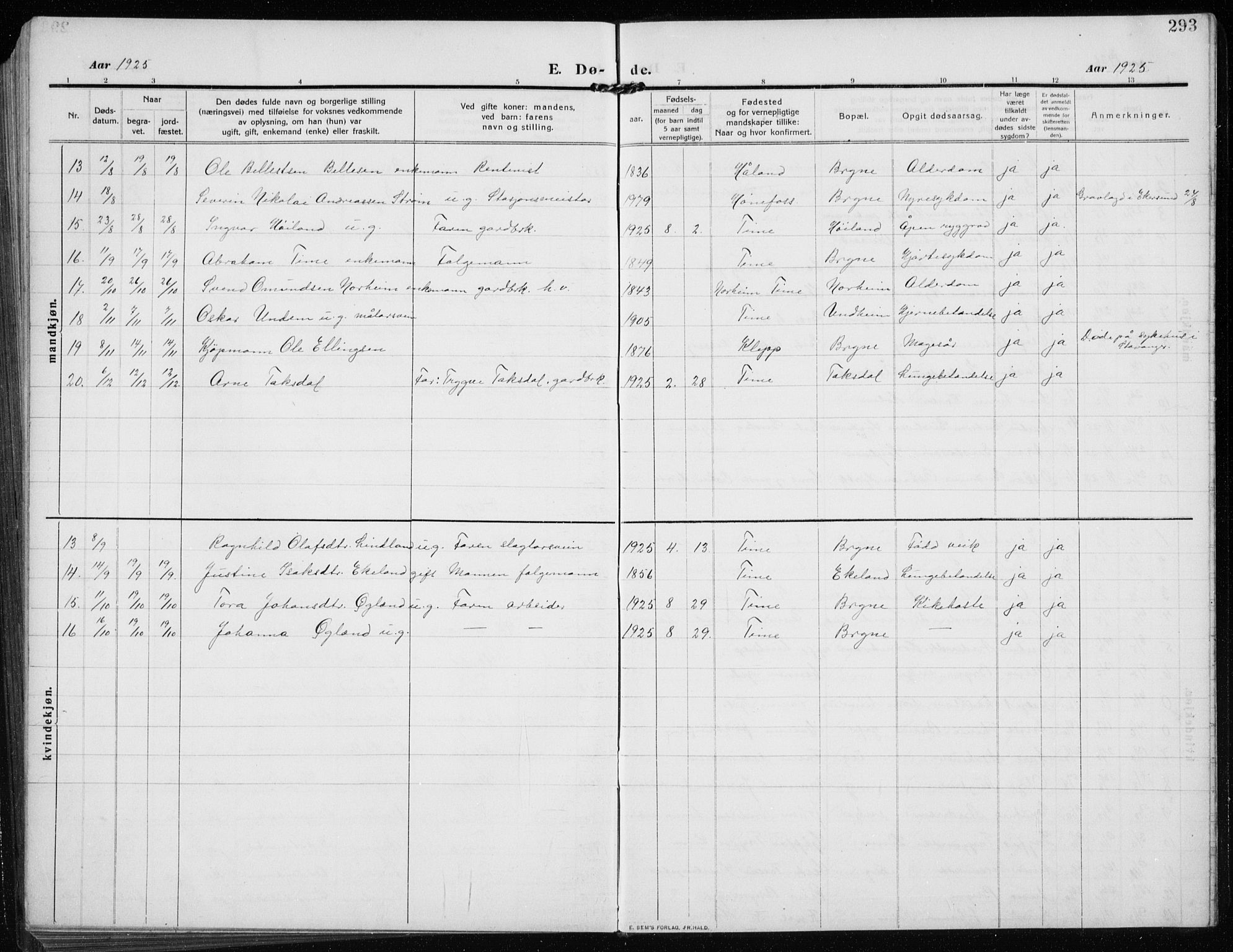 Time sokneprestkontor, AV/SAST-A-101795/001/30BB/L0001: Parish register (copy) no. B 1, 1910-1932, p. 293