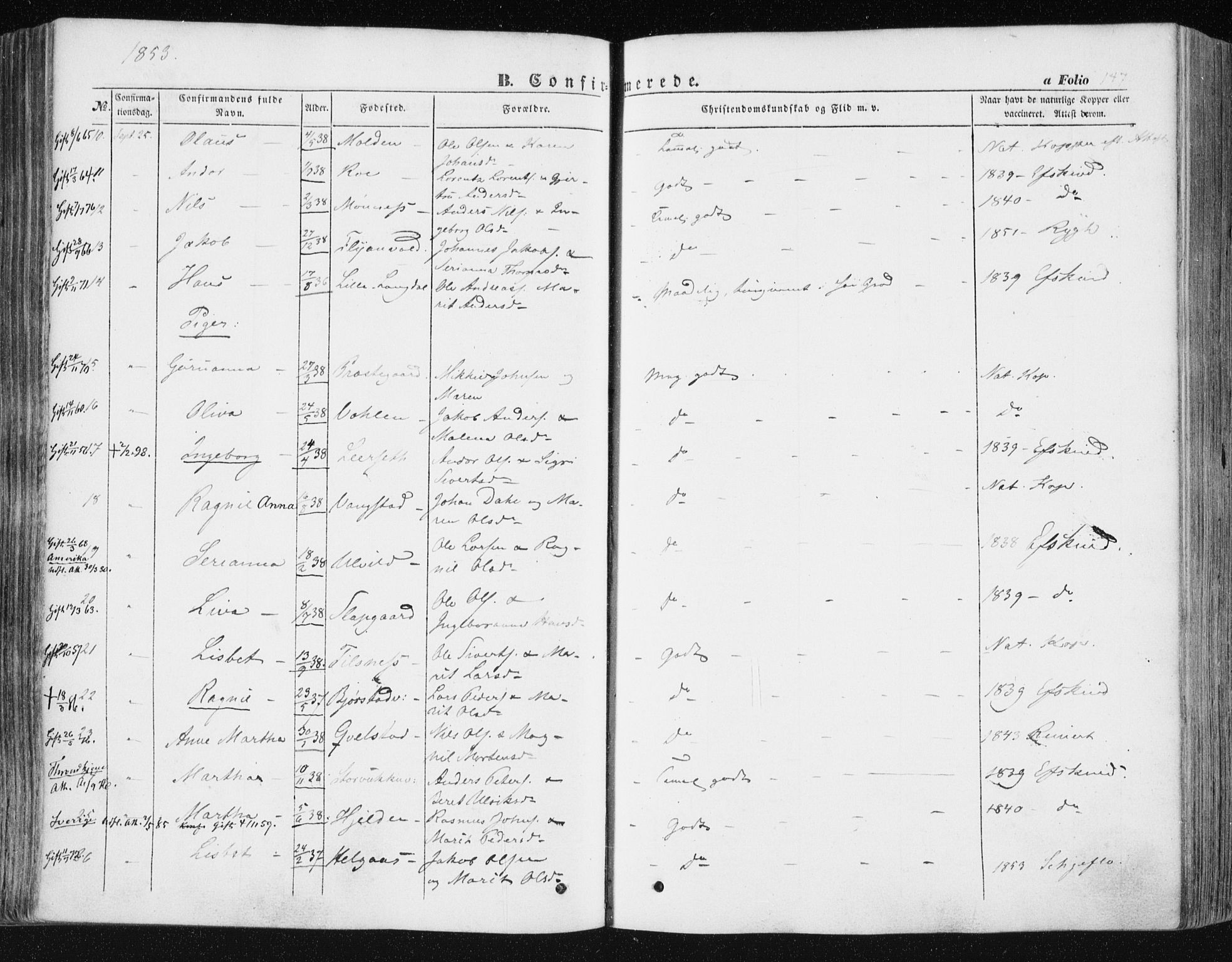 Ministerialprotokoller, klokkerbøker og fødselsregistre - Nord-Trøndelag, AV/SAT-A-1458/723/L0240: Parish register (official) no. 723A09, 1852-1860, p. 147