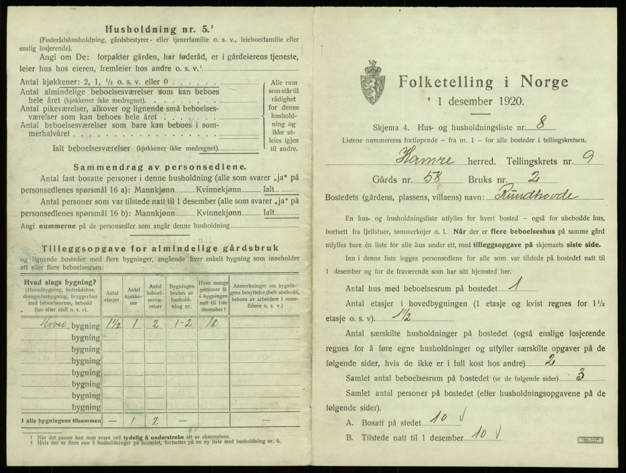 SAB, 1920 census for Hamre, 1920, p. 726