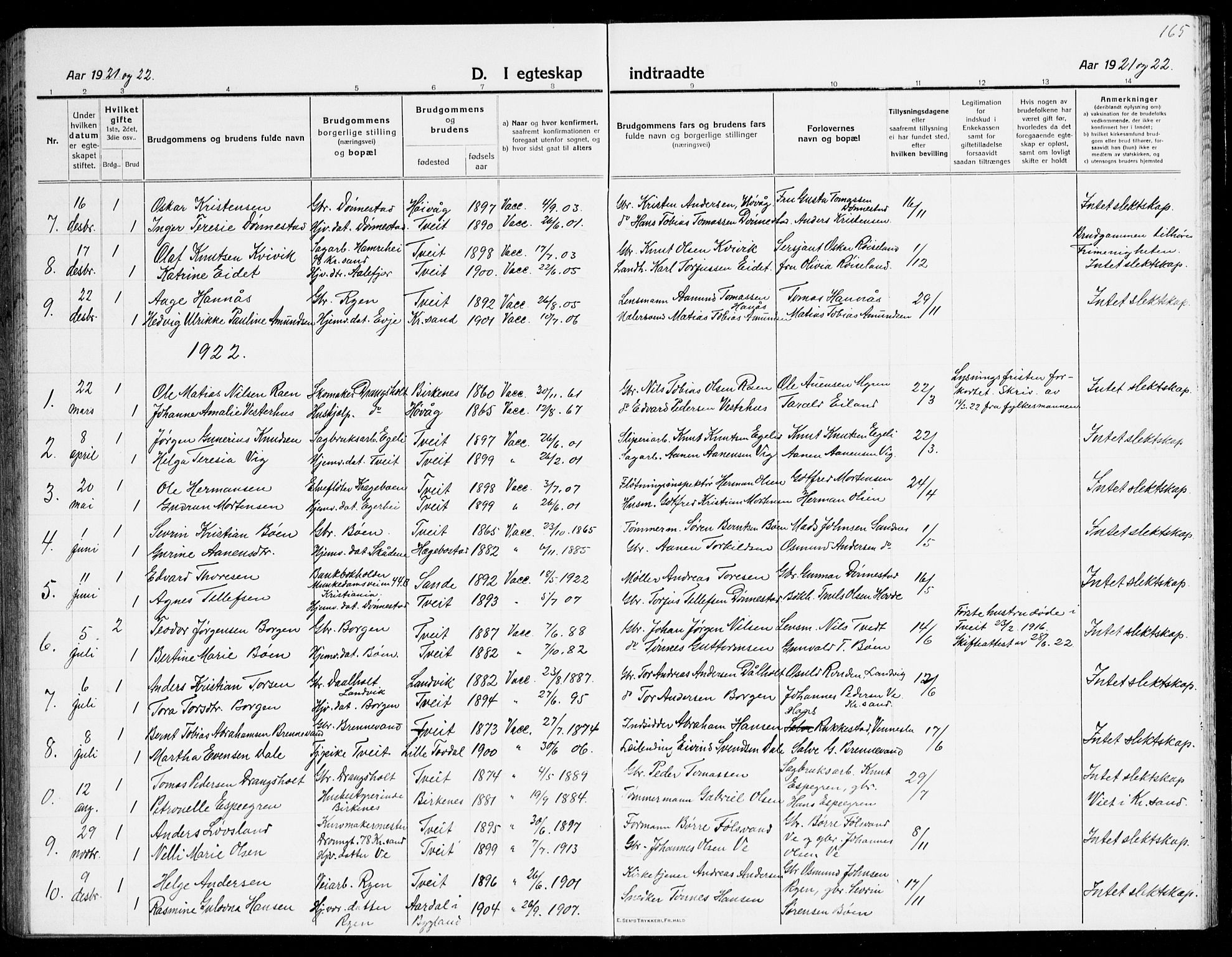 Tveit sokneprestkontor, SAK/1111-0043/F/Fb/L0005: Parish register (copy) no. B 5, 1915-1941, p. 165