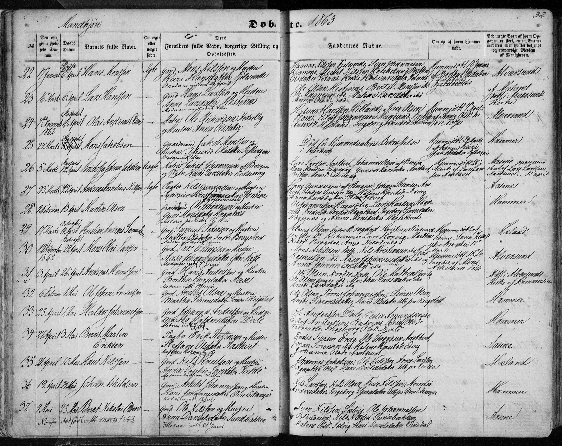 Hamre sokneprestembete, SAB/A-75501/H/Ha/Haa/Haaa/L0014: Parish register (official) no. A 14, 1858-1872, p. 32