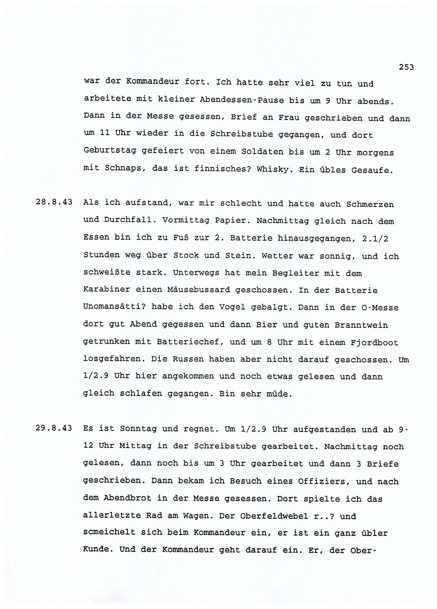 Dagbokopptegnelser av en tysk marineoffiser stasjonert i Norge , FMFB/A-1160/F/L0001: Dagbokopptegnelser av en tysk marineoffiser stasjonert i Norge, 1941-1944, p. 253