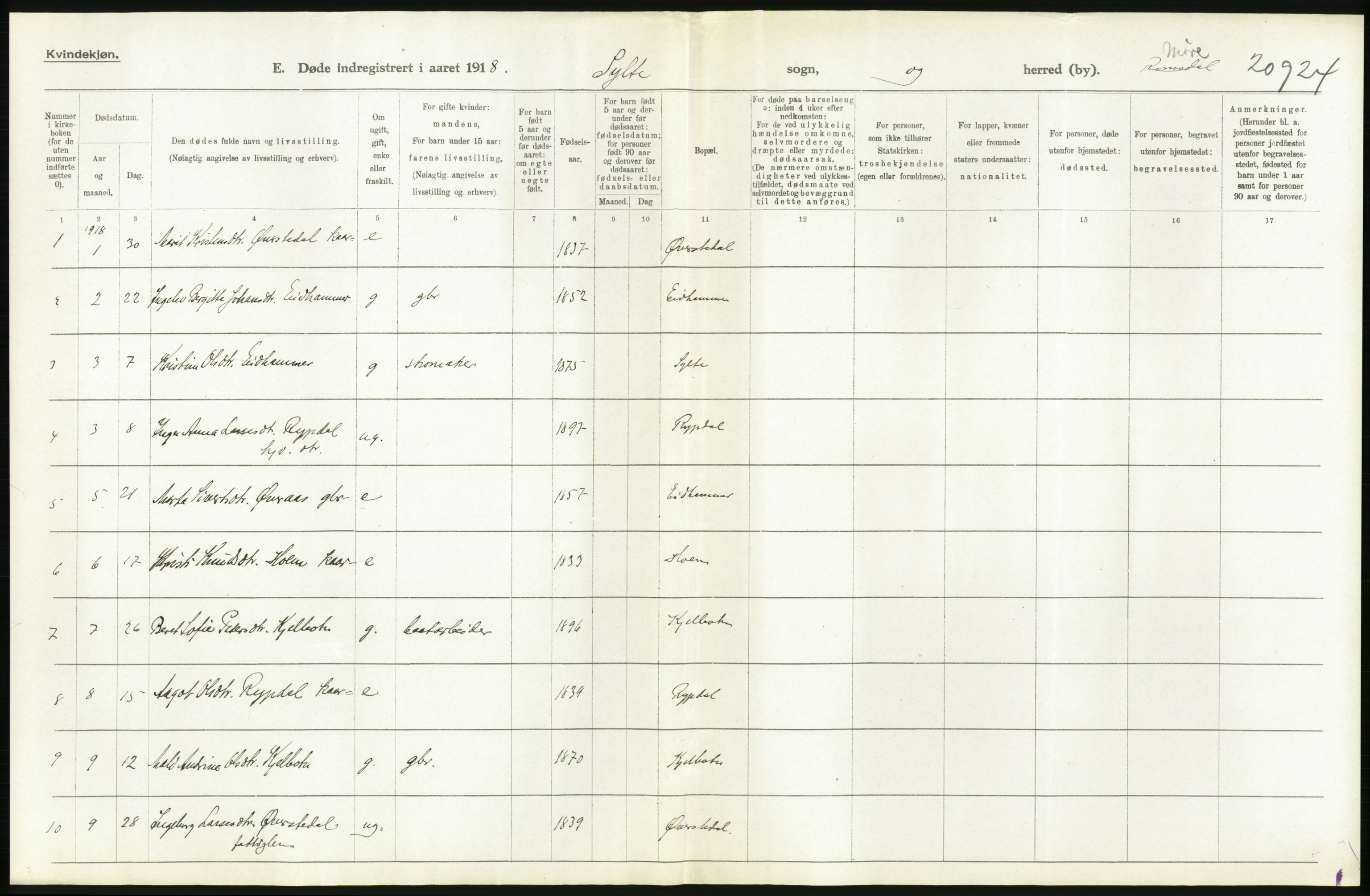 Statistisk sentralbyrå, Sosiodemografiske emner, Befolkning, AV/RA-S-2228/D/Df/Dfb/Dfbh/L0045: Møre fylke: Døde. Bygder og byer., 1918, p. 128