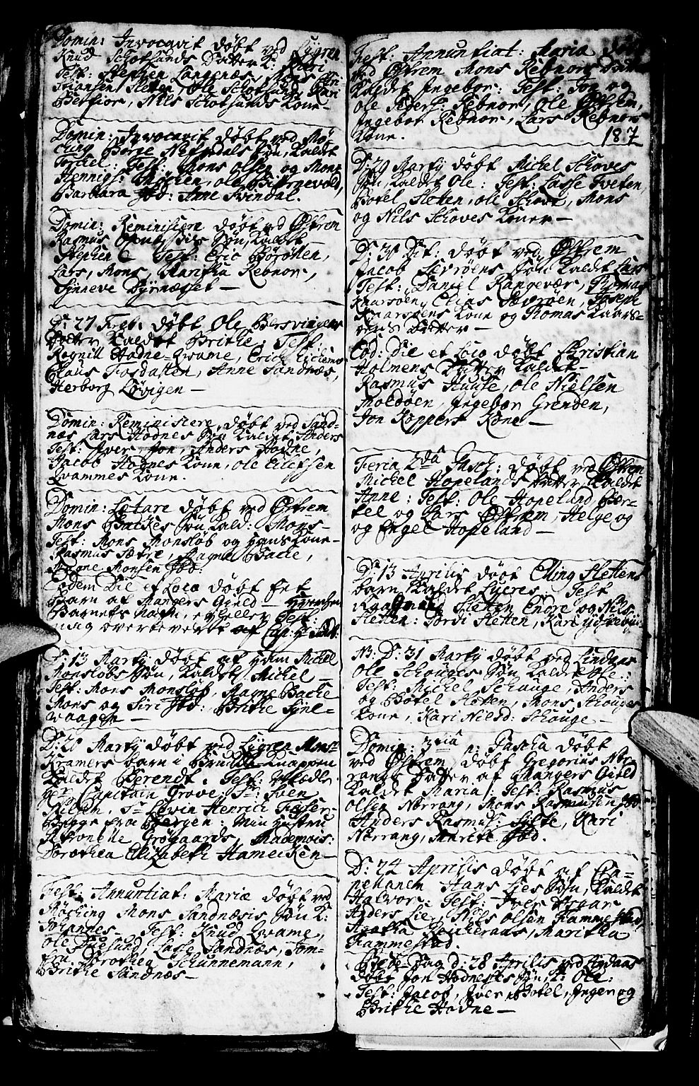 Lindås Sokneprestembete, SAB/A-76701/H/Haa: Parish register (official) no. A 1, 1699-1746, p. 187