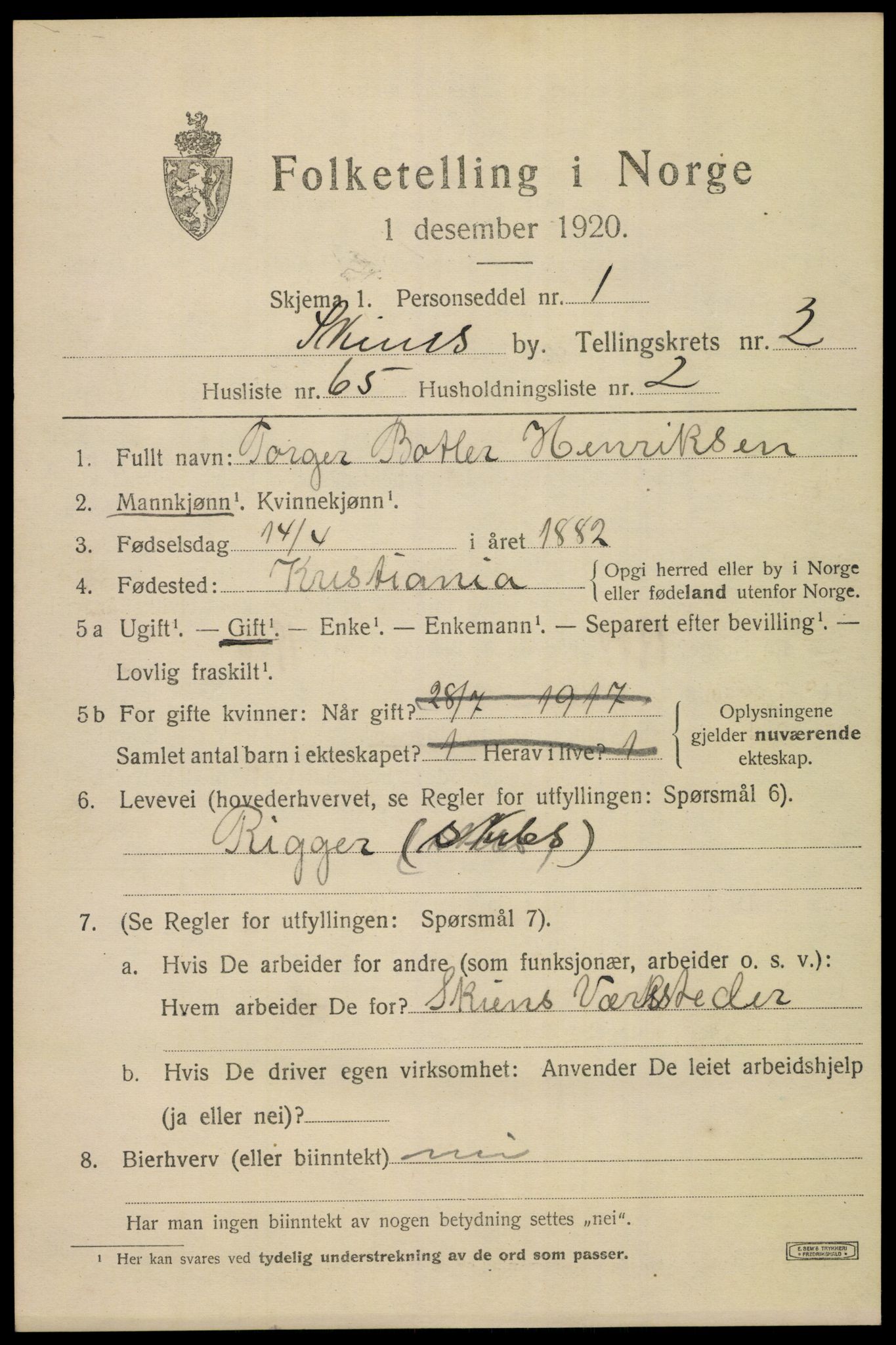 SAKO, 1920 census for Skien, 1920, p. 14352