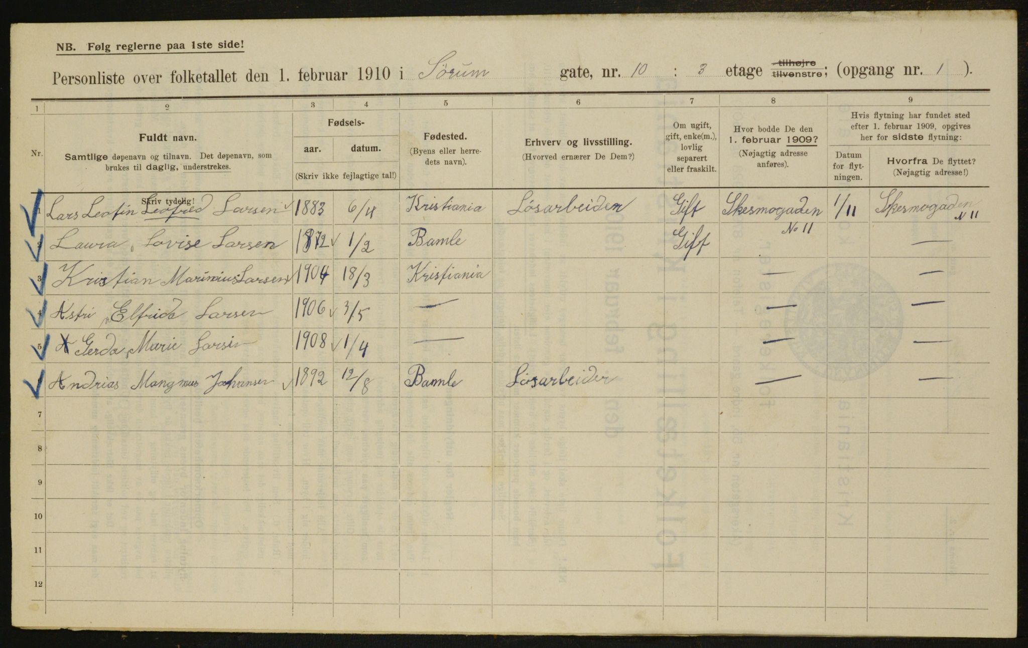 OBA, Municipal Census 1910 for Kristiania, 1910, p. 101616