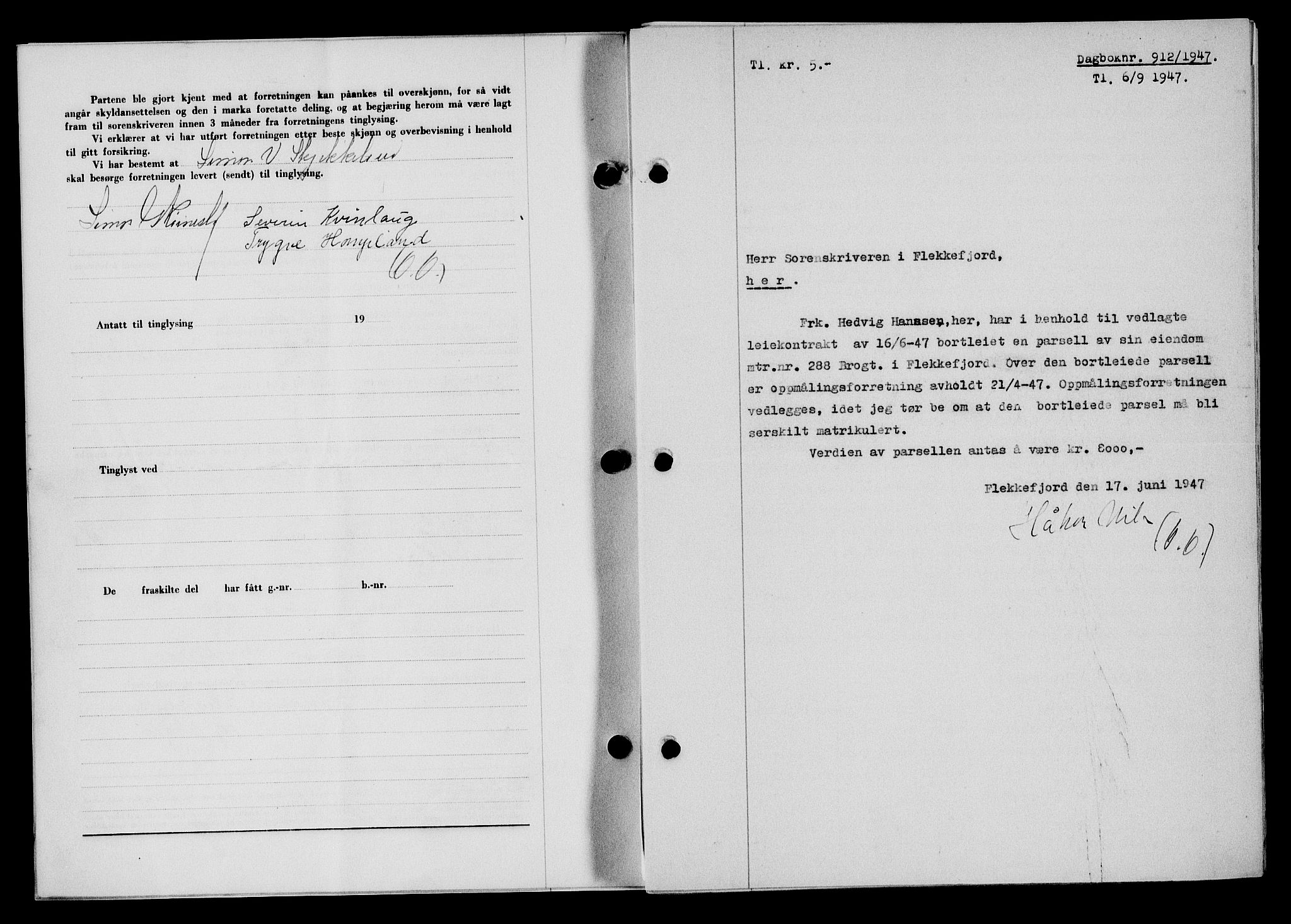 Flekkefjord sorenskriveri, SAK/1221-0001/G/Gb/Gba/L0062: Mortgage book no. A-10, 1947-1947, Diary no: : 912/1947