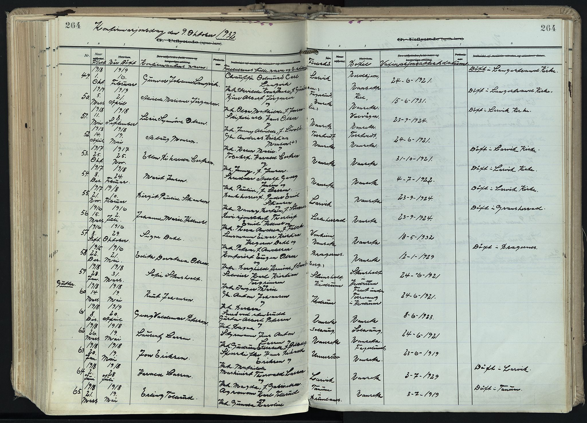 Hedrum kirkebøker, SAKO/A-344/F/Fa/L0011: Parish register (official) no. I 11, 1919-1933, p. 264