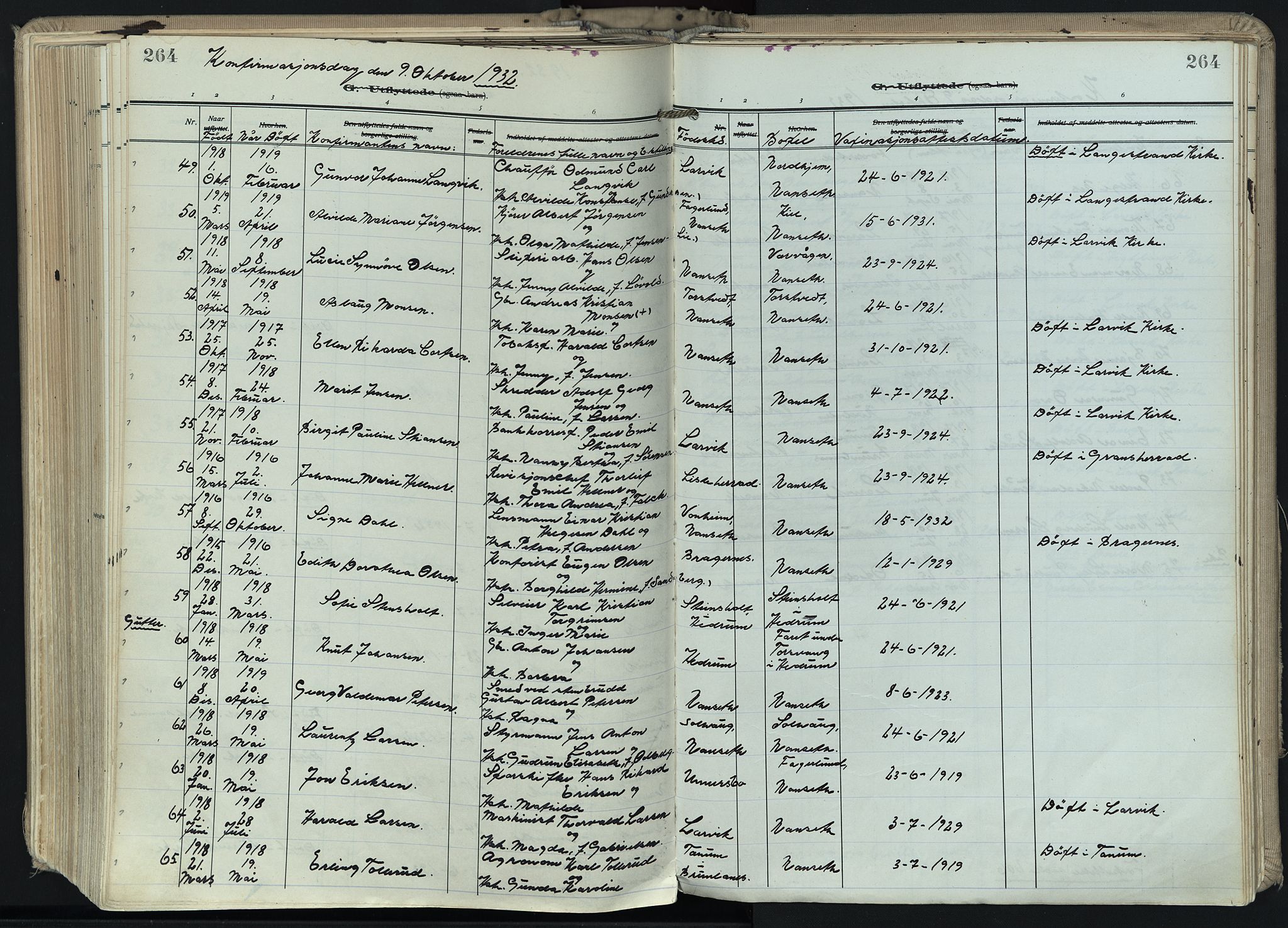 Hedrum kirkebøker, AV/SAKO-A-344/F/Fa/L0011: Parish register (official) no. I 11, 1919-1933, p. 264