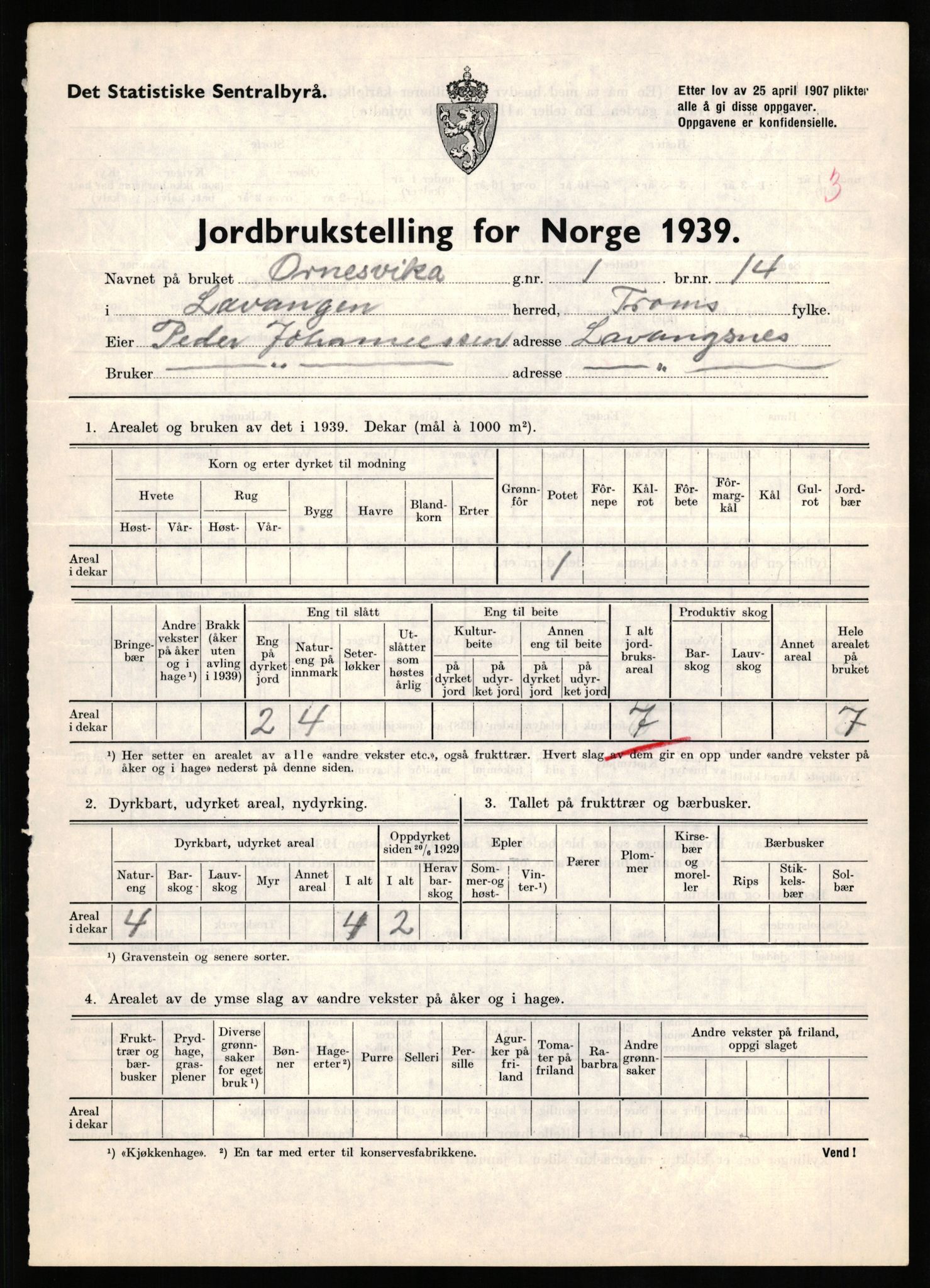 Statistisk sentralbyrå, Næringsøkonomiske emner, Jordbruk, skogbruk, jakt, fiske og fangst, AV/RA-S-2234/G/Gb/L0339: Troms: Andørja, Astafjord og Lavangen, 1939, p. 906