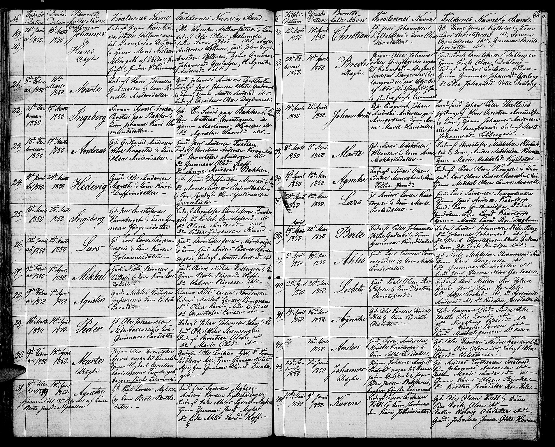 Vang prestekontor, Hedmark, AV/SAH-PREST-008/H/Ha/Hab/L0009: Parish register (copy) no. 9, 1836-1870, p. 62