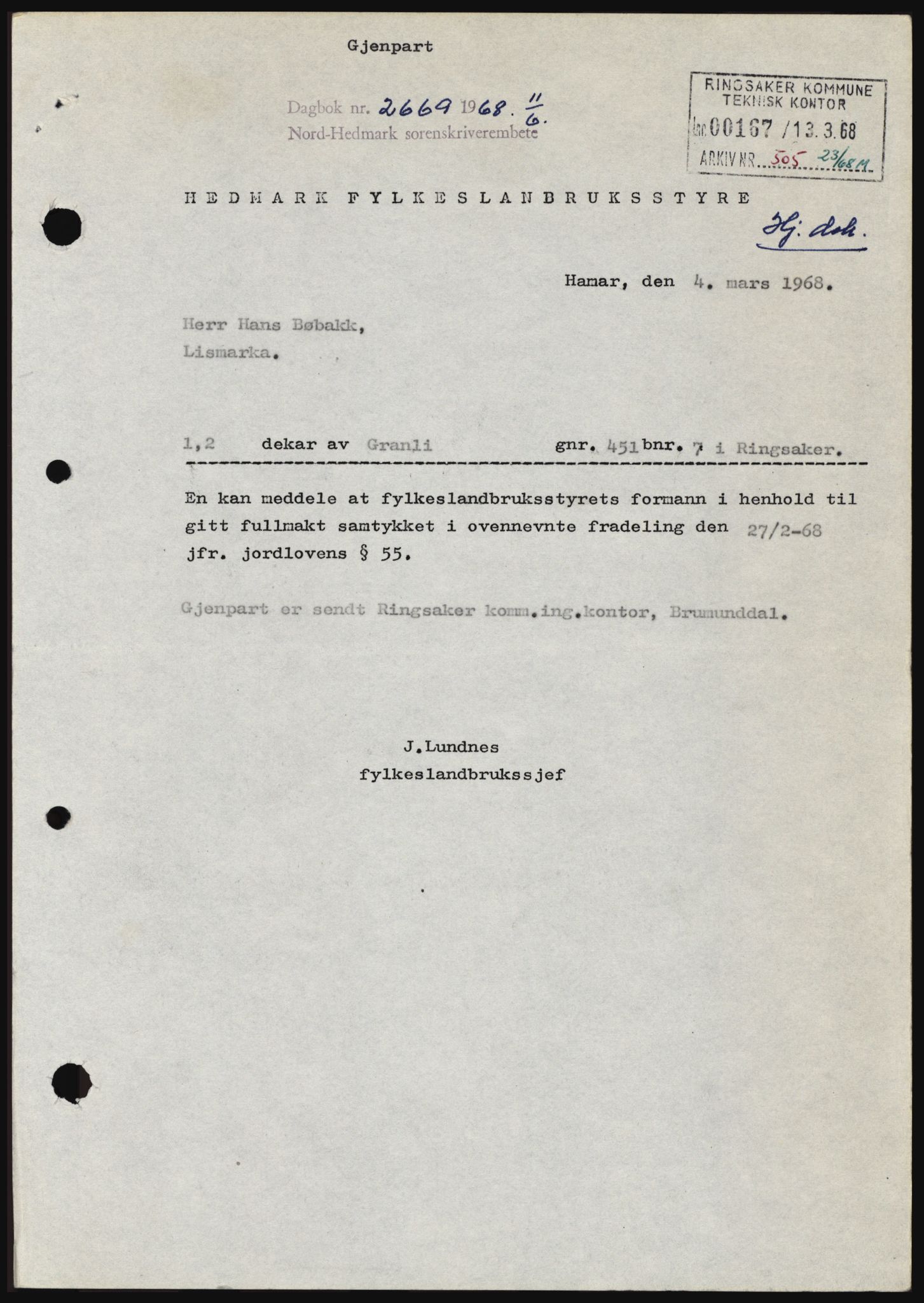 Nord-Hedmark sorenskriveri, SAH/TING-012/H/Hc/L0028: Mortgage book no. 28, 1968-1968, Diary no: : 2669/1968