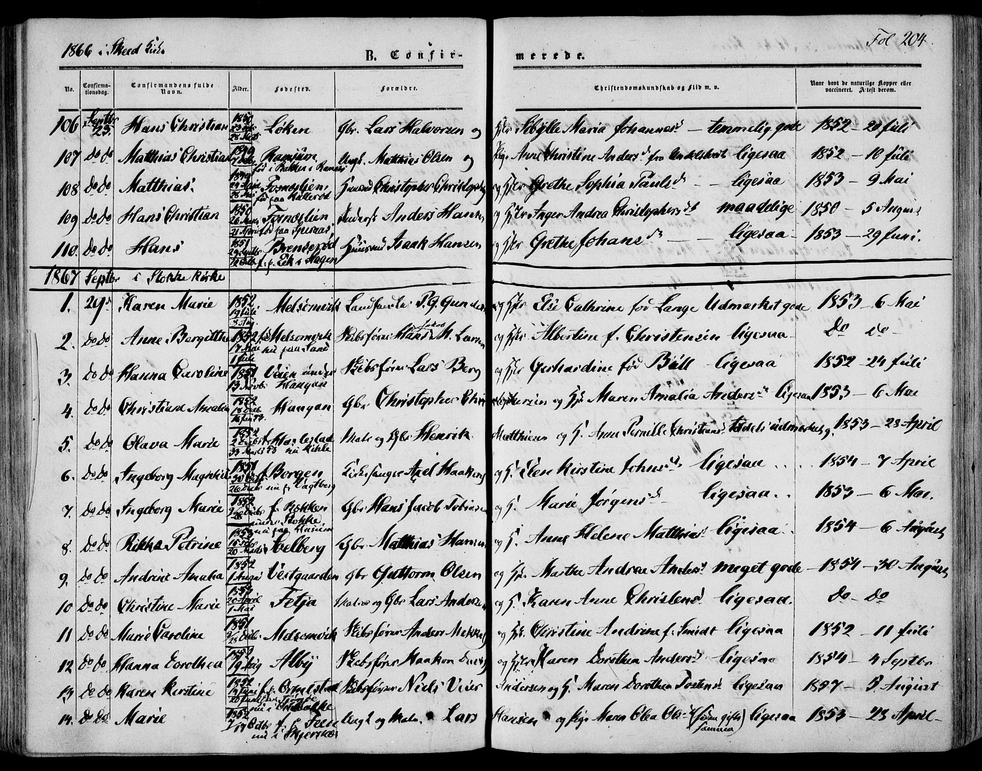 Stokke kirkebøker, SAKO/A-320/F/Fa/L0008: Parish register (official) no. I 8, 1858-1871, p. 204