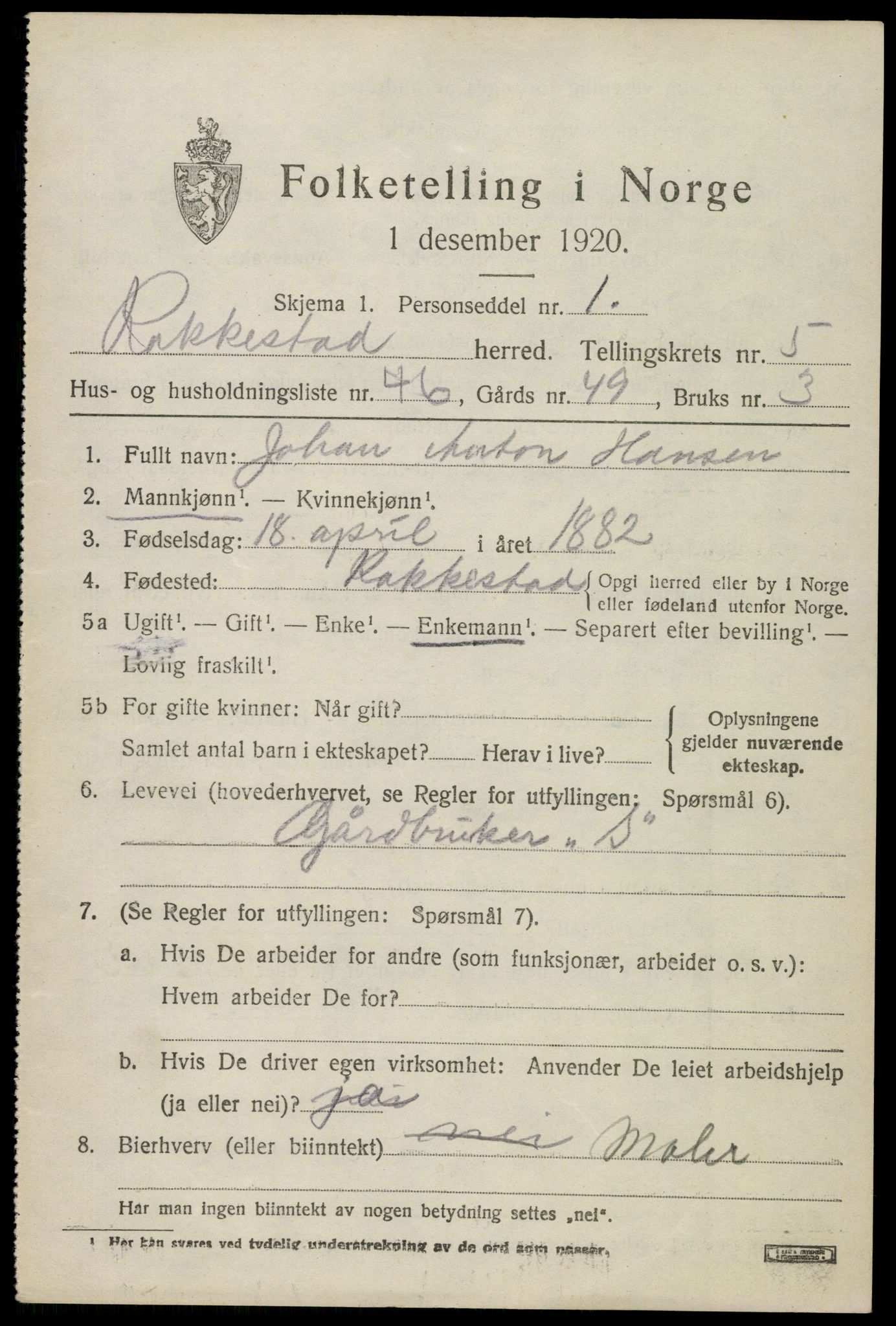 SAO, 1920 census for Rakkestad, 1920, p. 6485