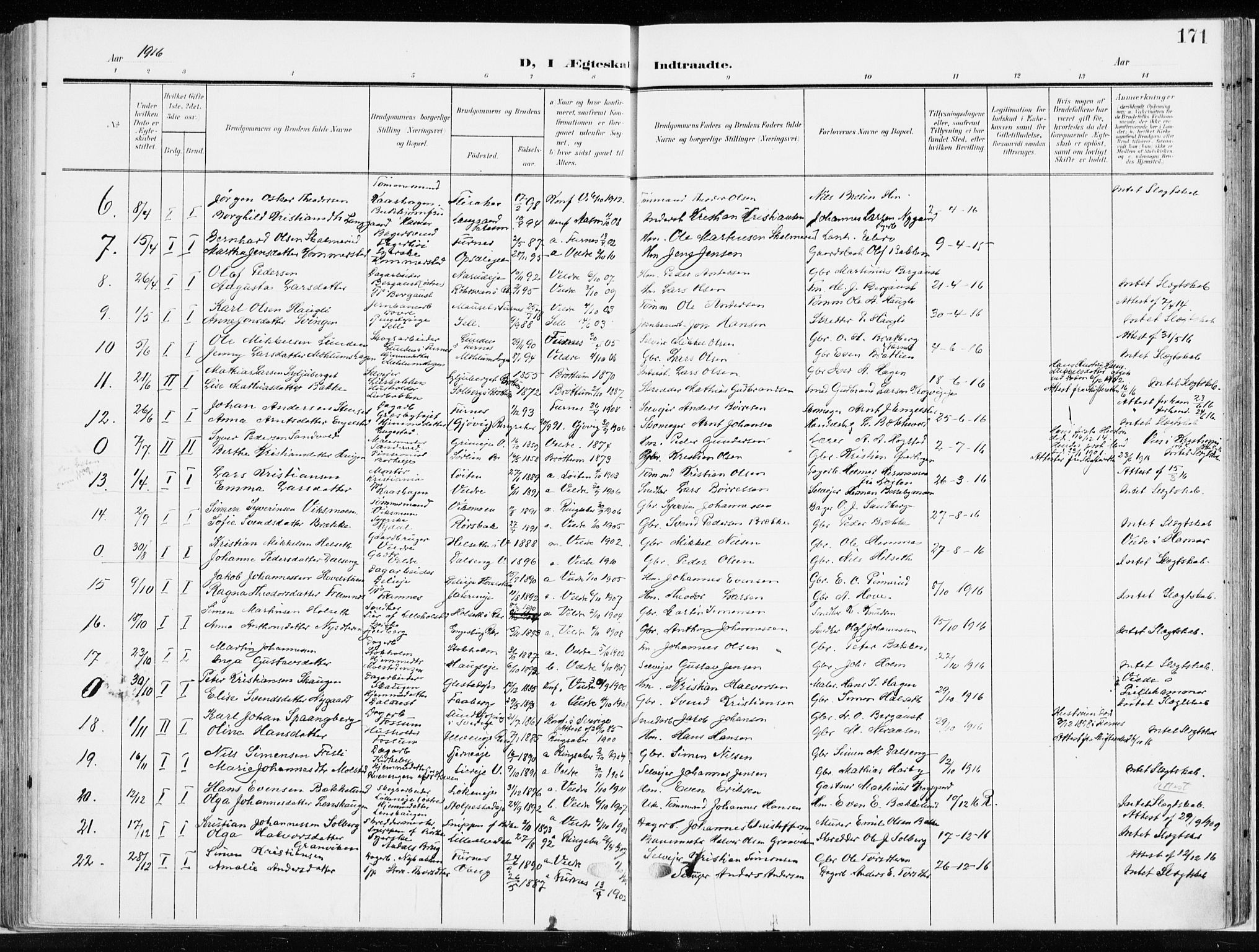 Ringsaker prestekontor, AV/SAH-PREST-014/K/Ka/L0019: Parish register (official) no. 19, 1905-1920, p. 171