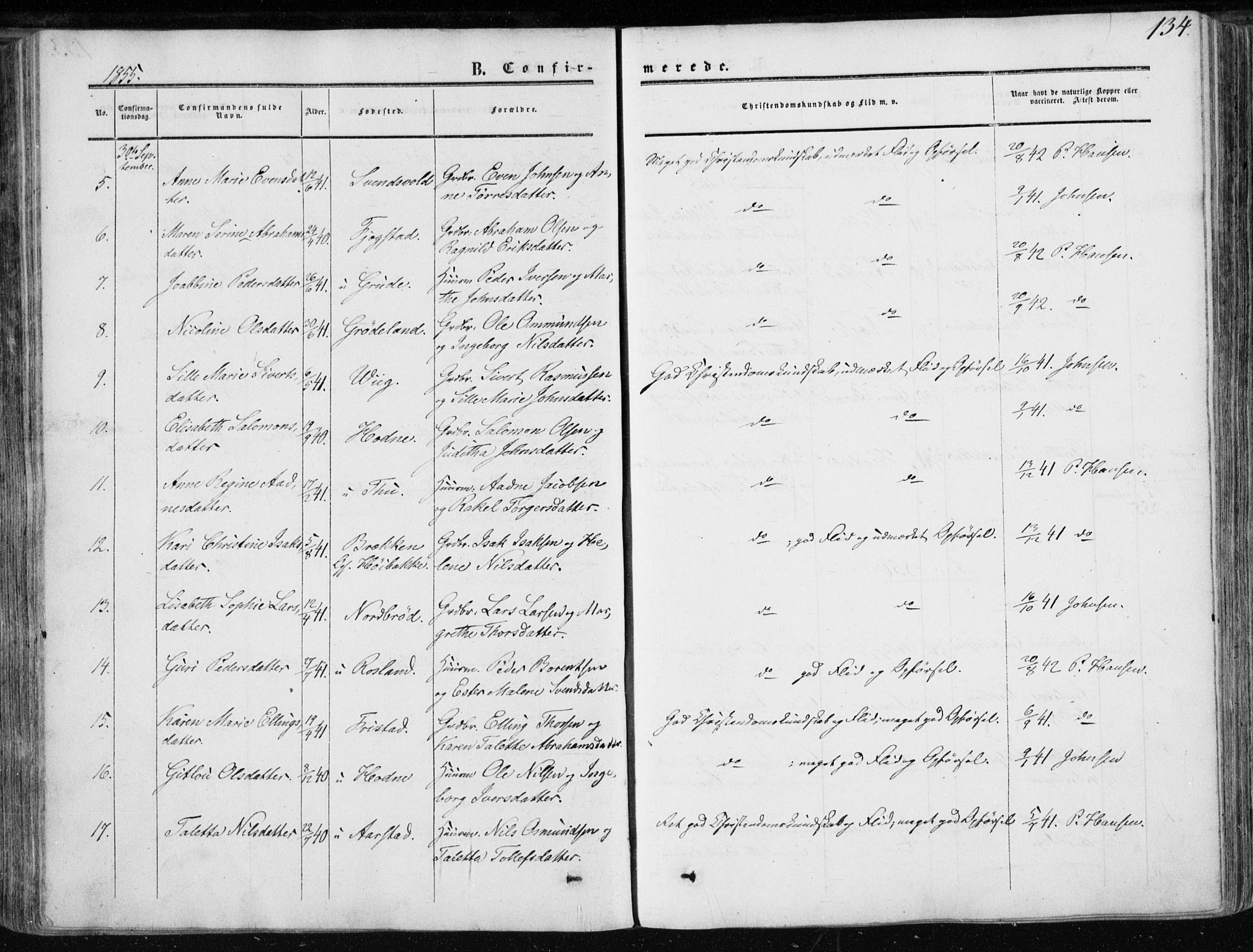 Klepp sokneprestkontor, AV/SAST-A-101803/001/3/30BA/L0005: Parish register (official) no. A 5, 1853-1870, p. 134