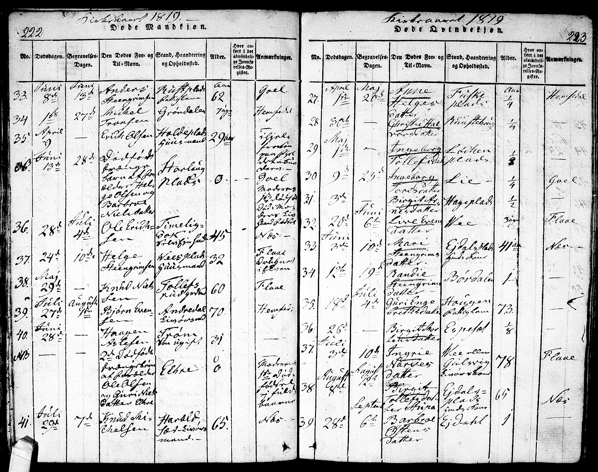 Nes kirkebøker, SAKO/A-236/F/Fa/L0007: Parish register (official) no. 7, 1815-1823, p. 222-223