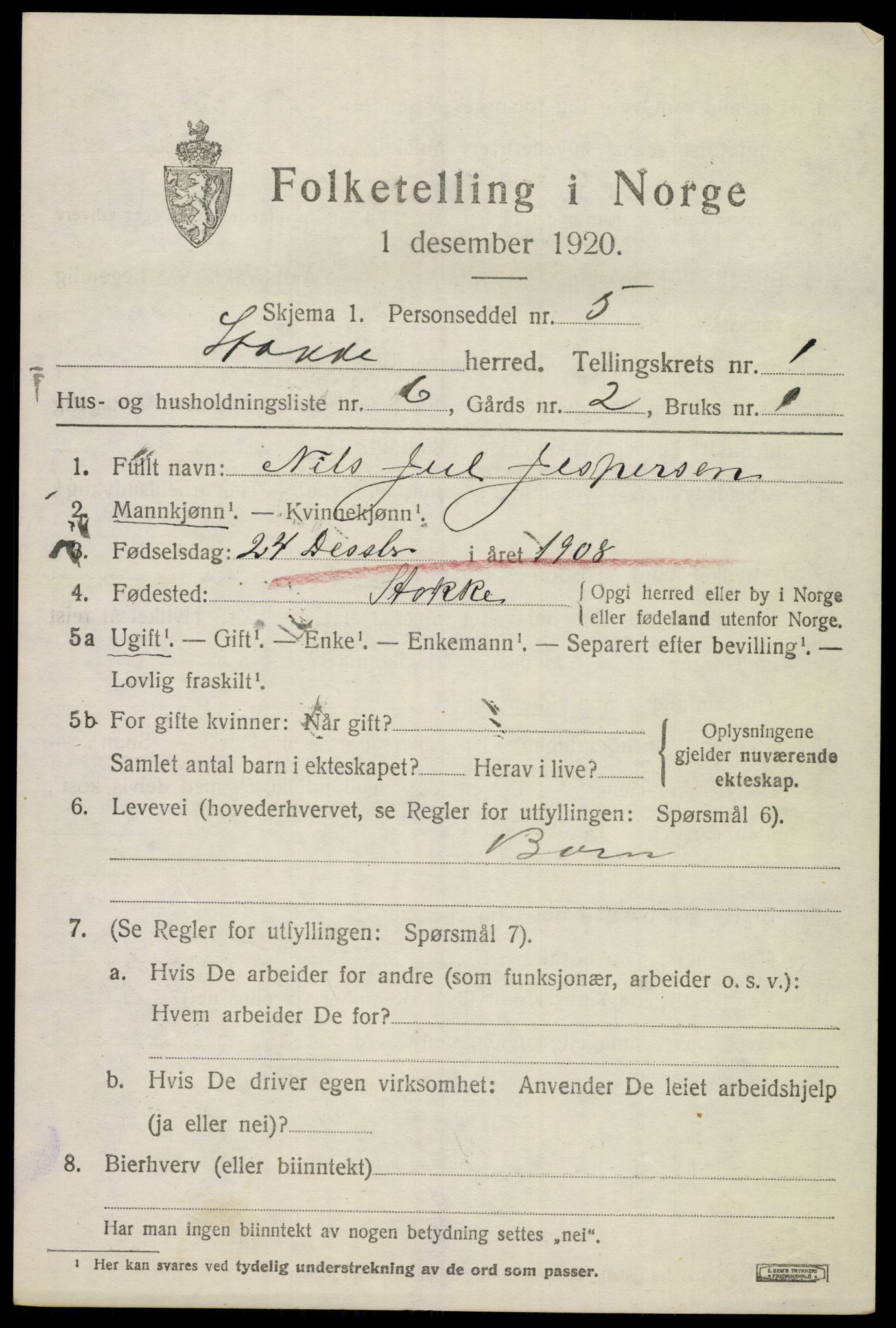 SAKO, 1920 census for Stokke, 1920, p. 2090