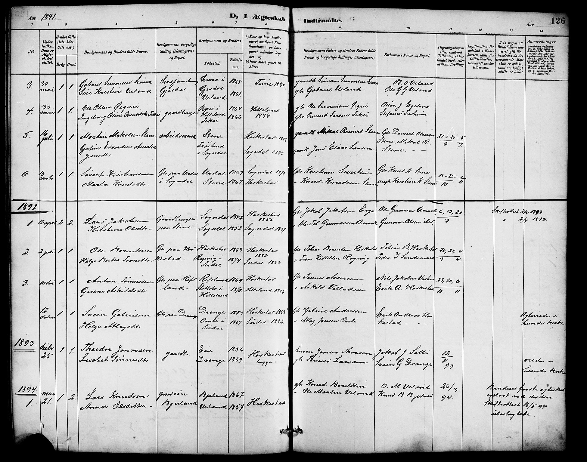 Lund sokneprestkontor, AV/SAST-A-101809/S07/L0007: Parish register (copy) no. B 7, 1890-1925, p. 126