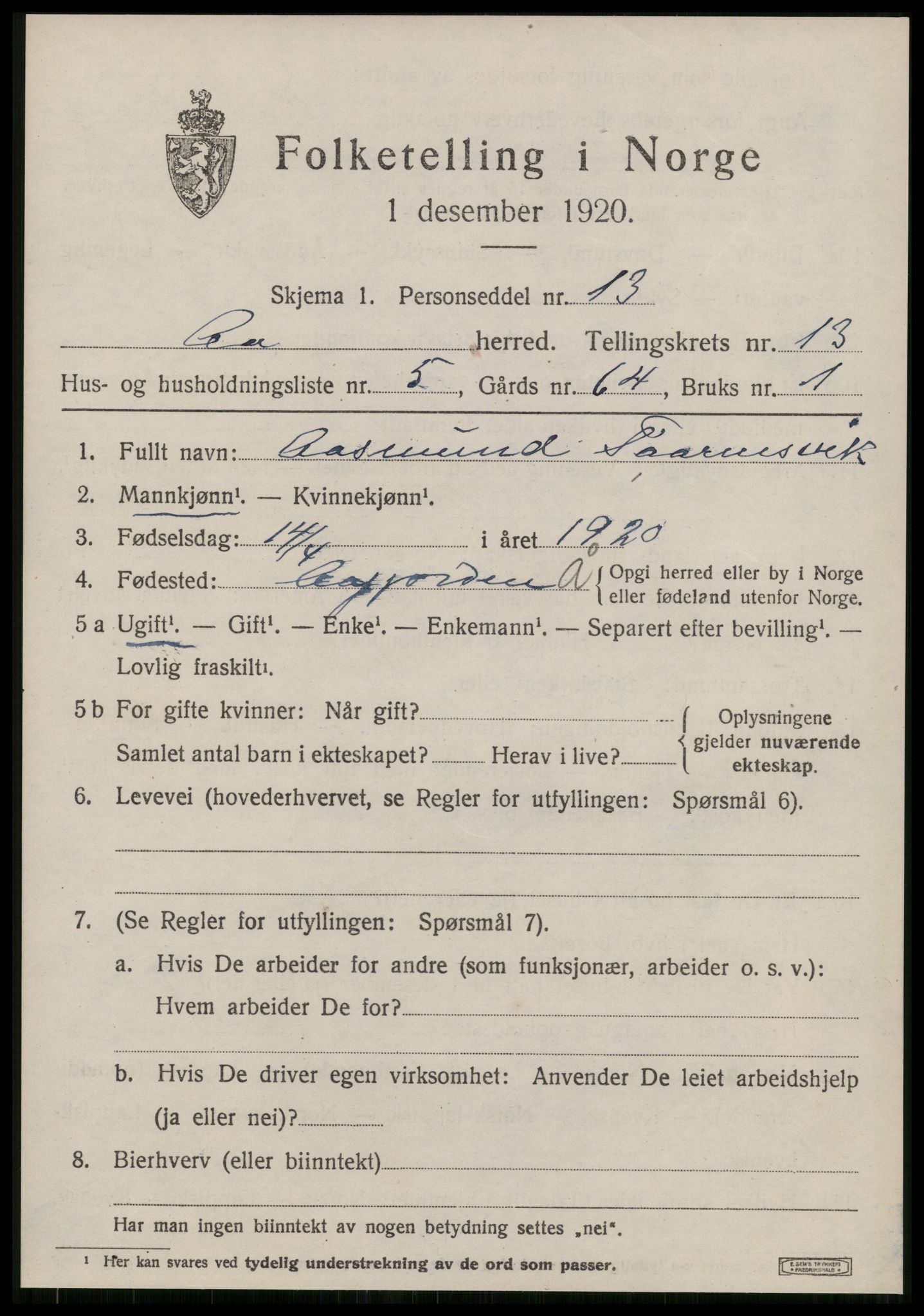 SAT, 1920 census for Å, 1920, p. 5558