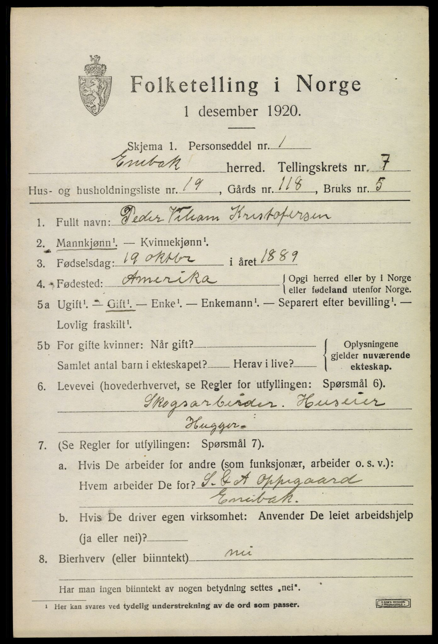 SAO, 1920 census for Enebakk, 1920, p. 6327