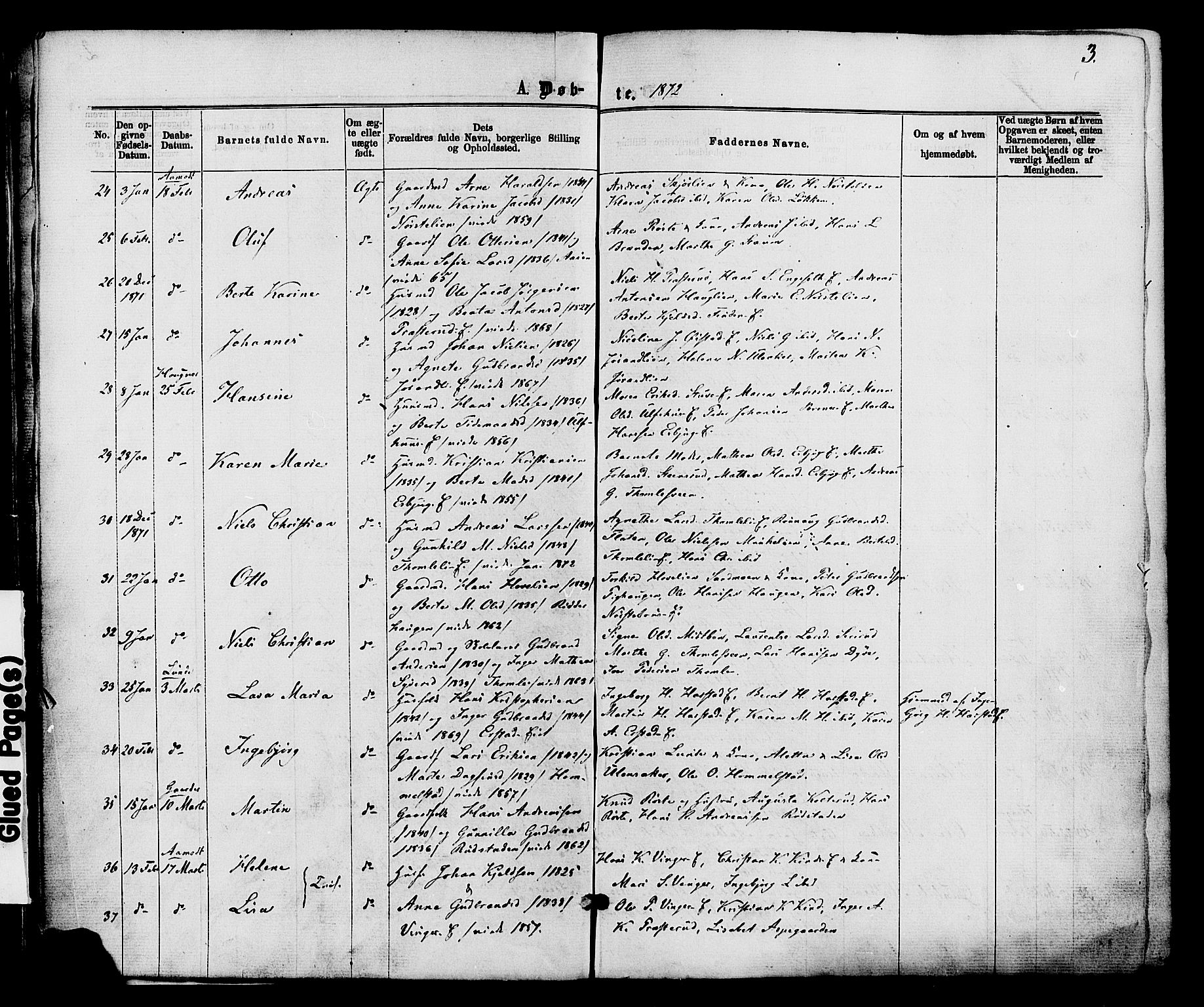 Nordre Land prestekontor, AV/SAH-PREST-124/H/Ha/Haa/L0002: Parish register (official) no. 2, 1872-1881, p. 3