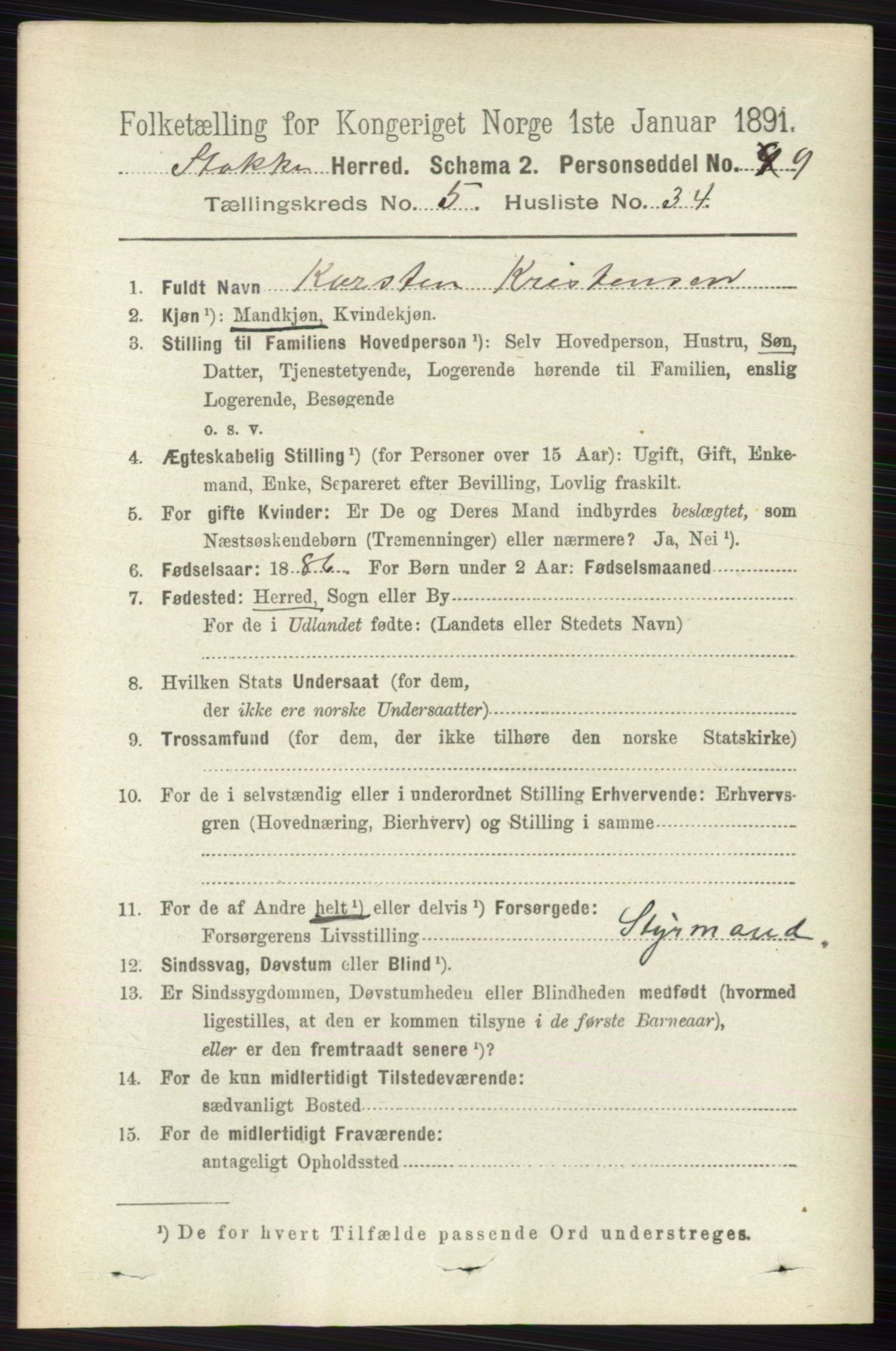 RA, 1891 census for 0720 Stokke, 1891, p. 3277