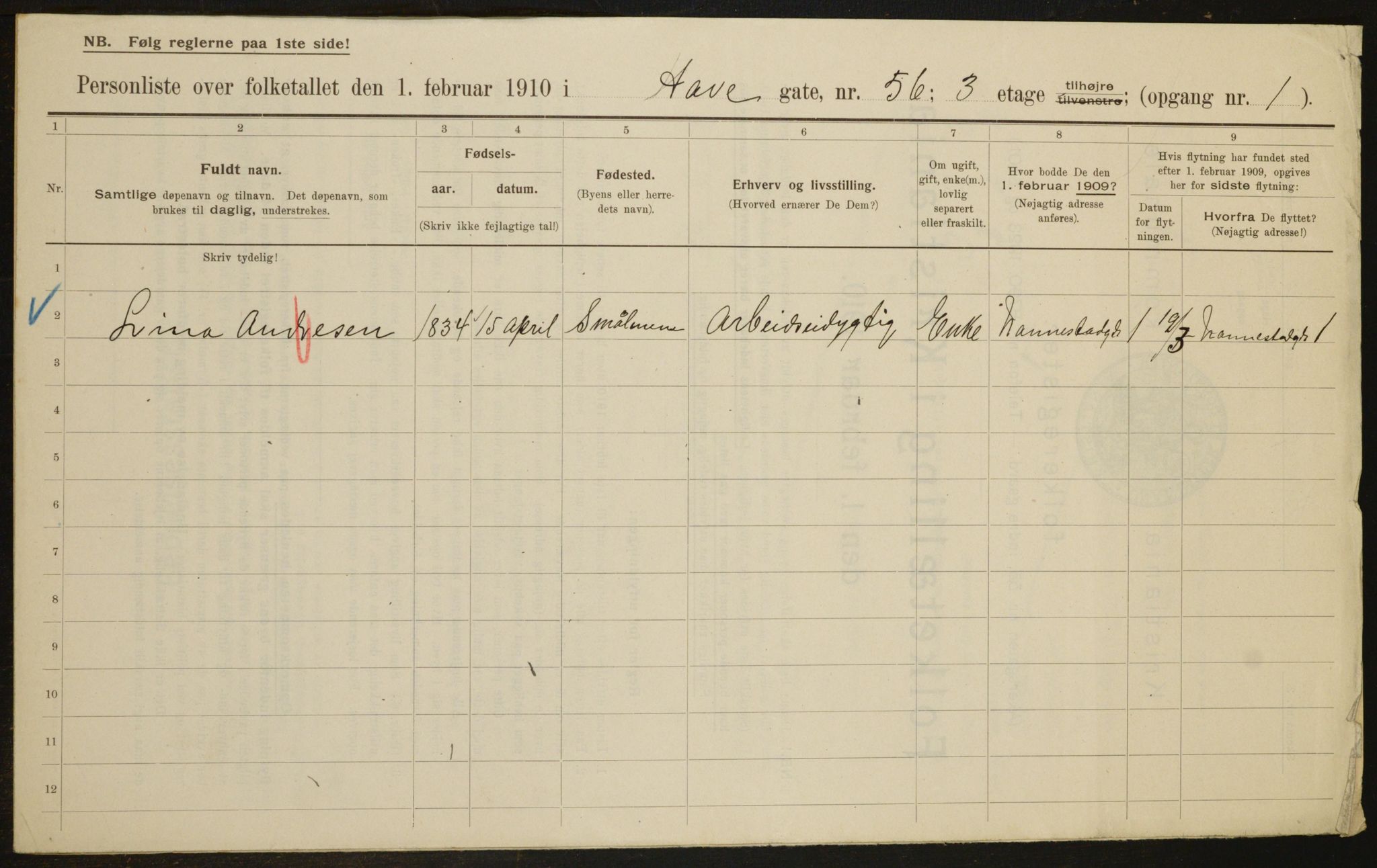 OBA, Municipal Census 1910 for Kristiania, 1910, p. 34372