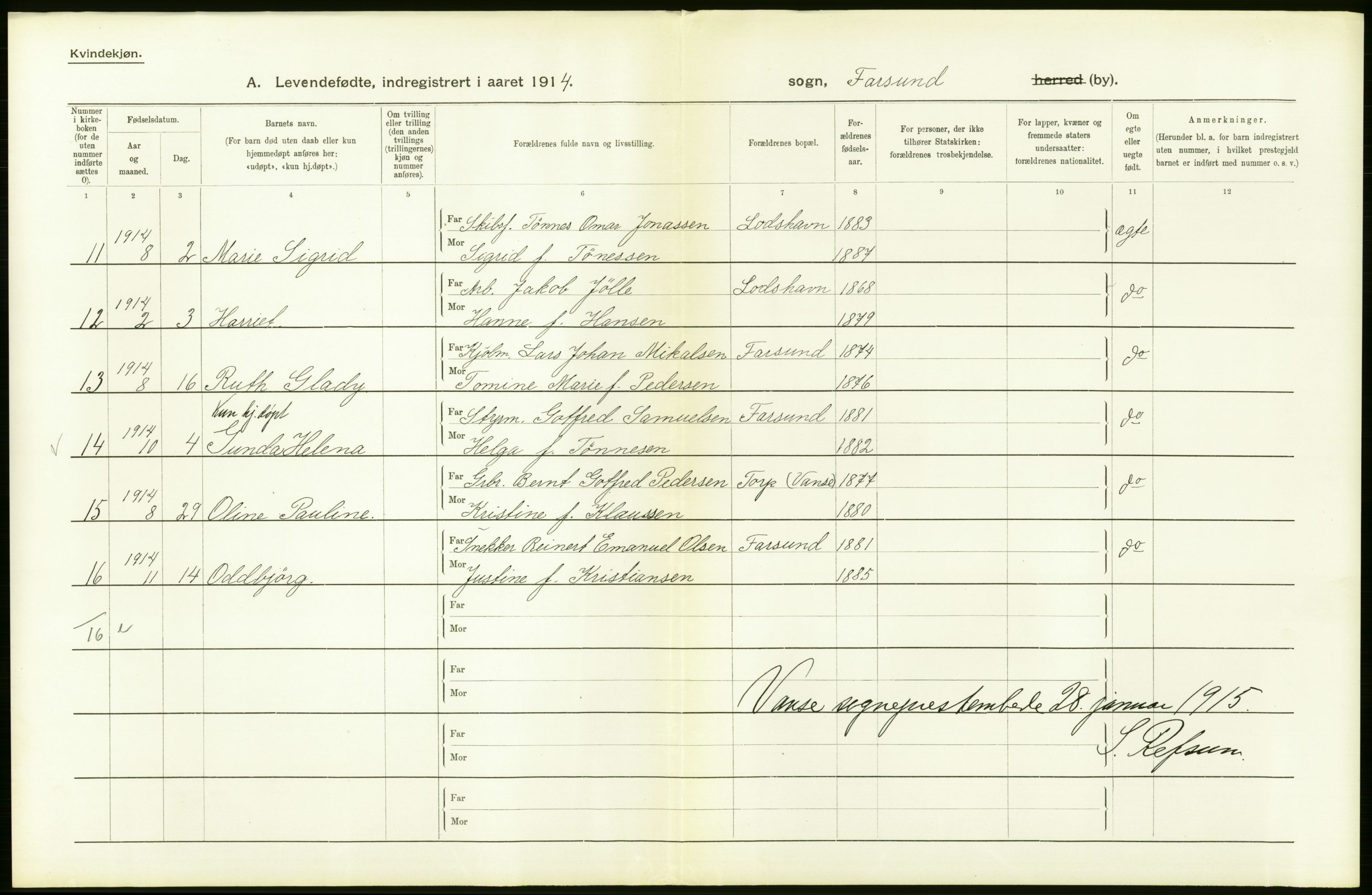 Statistisk sentralbyrå, Sosiodemografiske emner, Befolkning, AV/RA-S-2228/D/Df/Dfb/Dfbd/L0022: Lister og Mandals amt: Levendefødte menn og kvinner, samt gifte. Bygder og byer., 1914, p. 22
