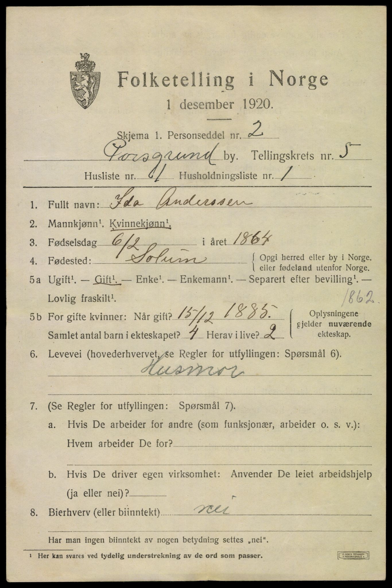 SAKO, 1920 census for Porsgrunn, 1920, p. 22343