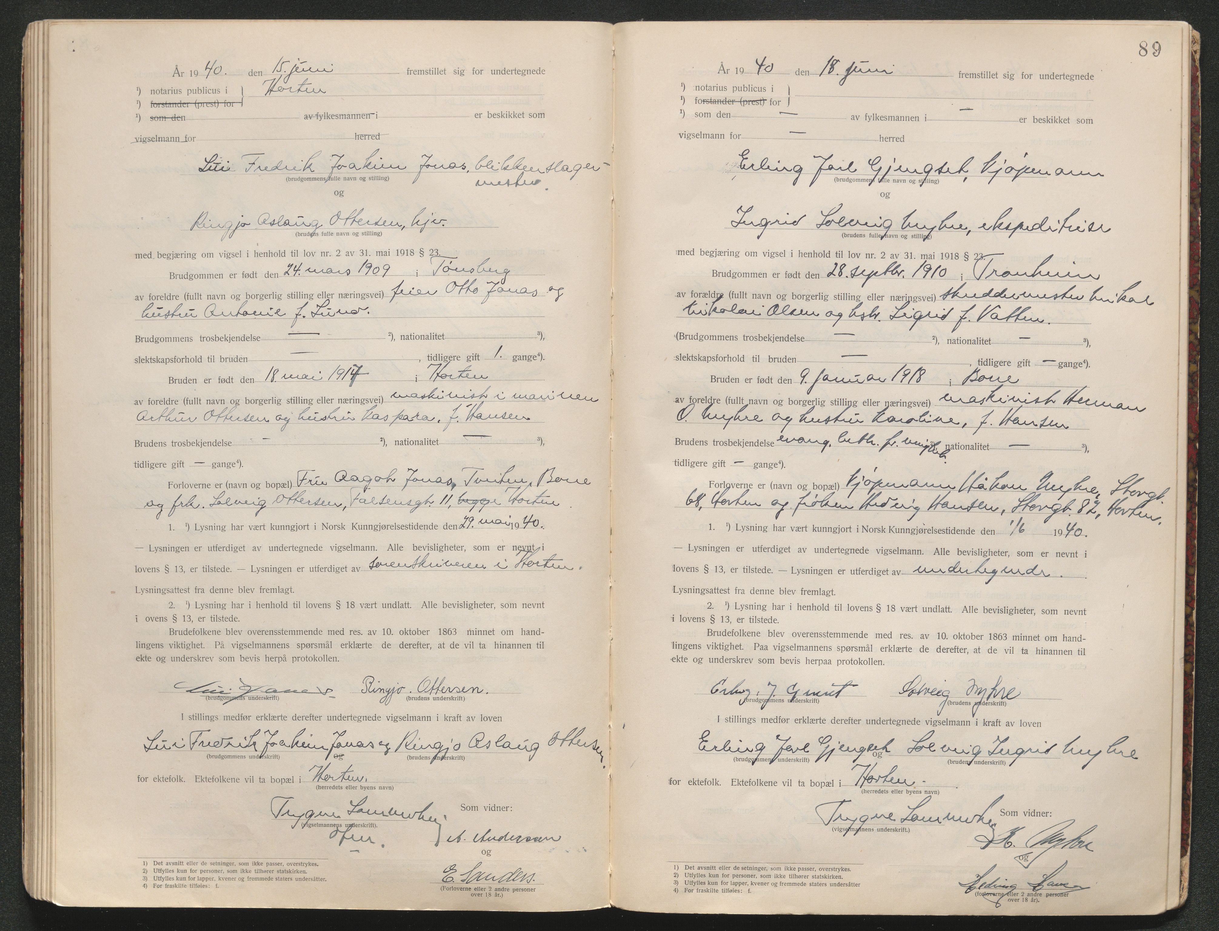 Horten sorenskriveri, SAKO/A-133/L/Lc/L0001: Vigselsbok, 1920-1941, p. 91