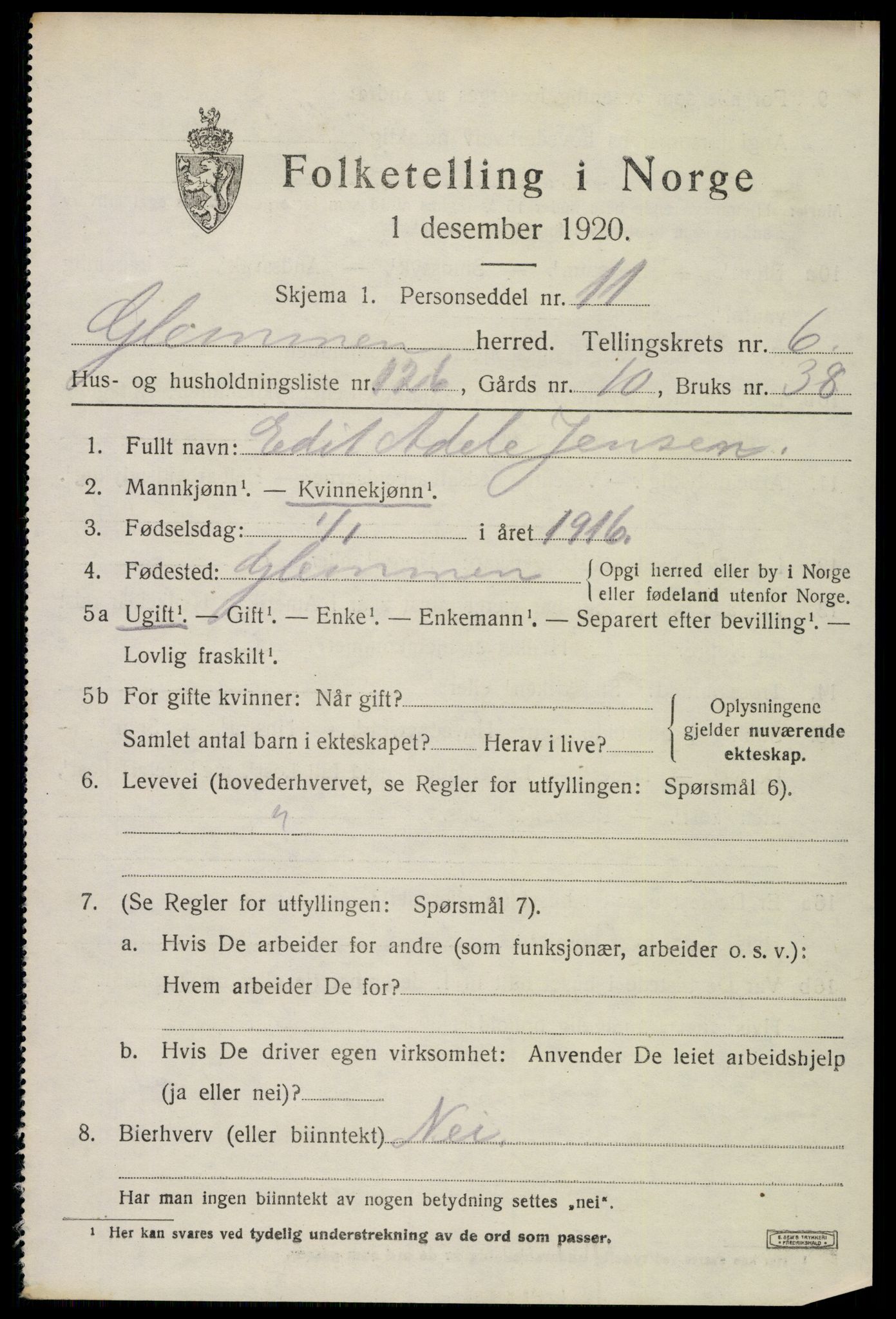 SAO, 1920 census for Glemmen, 1920, p. 23563