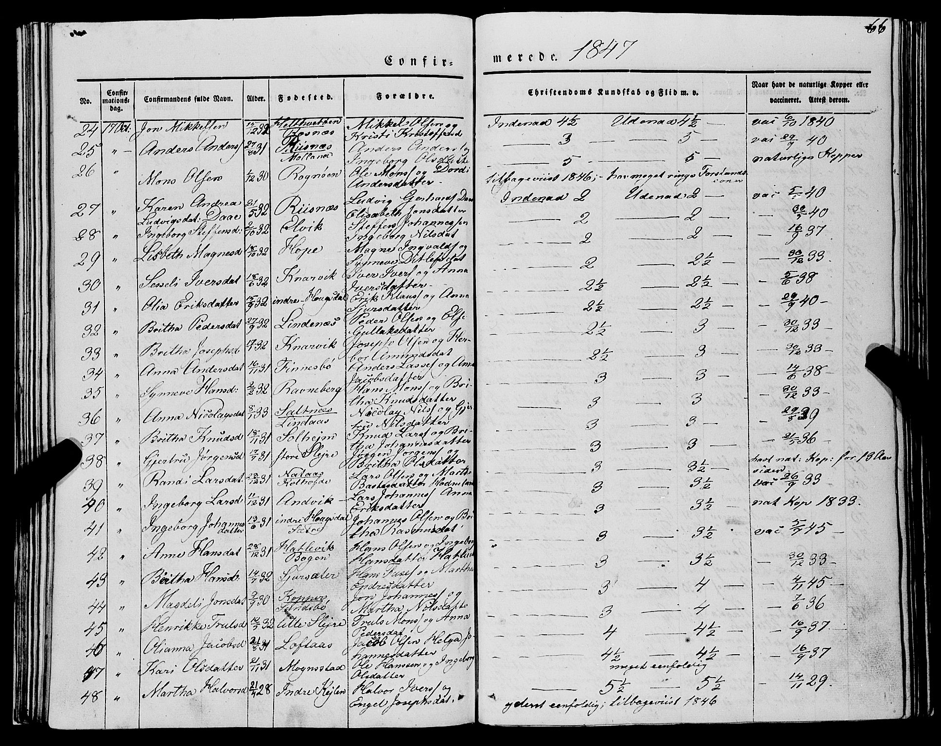 Lindås Sokneprestembete, SAB/A-76701/H/Haa: Parish register (official) no. A 12, 1836-1848, p. 66