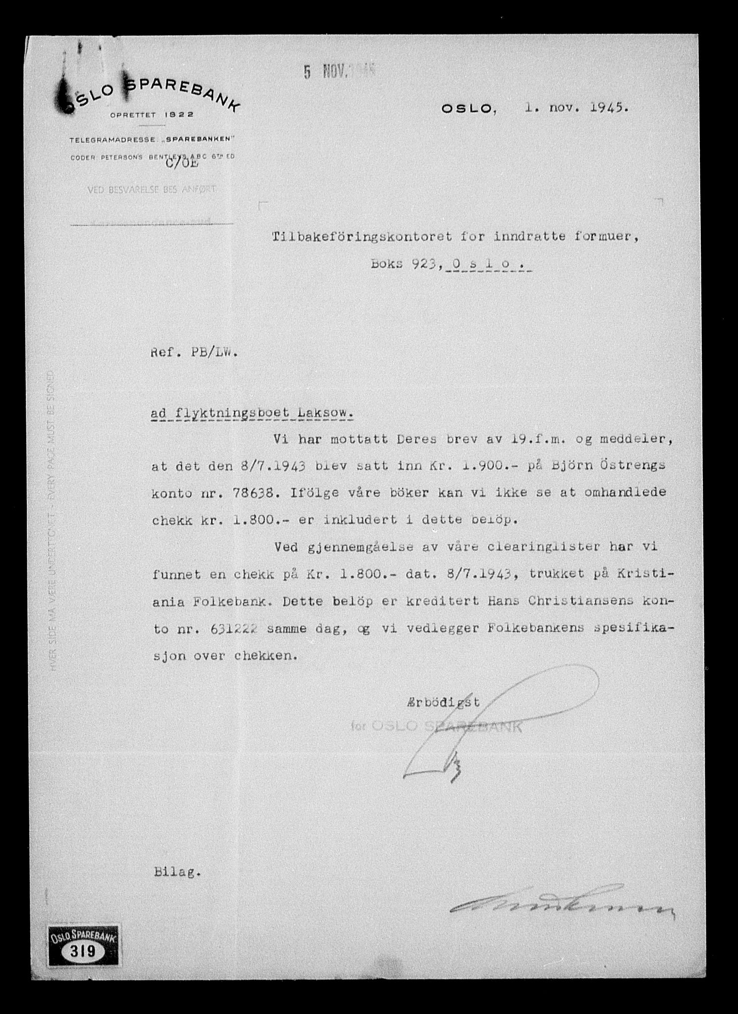 Justisdepartementet, Tilbakeføringskontoret for inndratte formuer, AV/RA-S-1564/H/Hc/Hcc/L0954: --, 1945-1947, p. 596