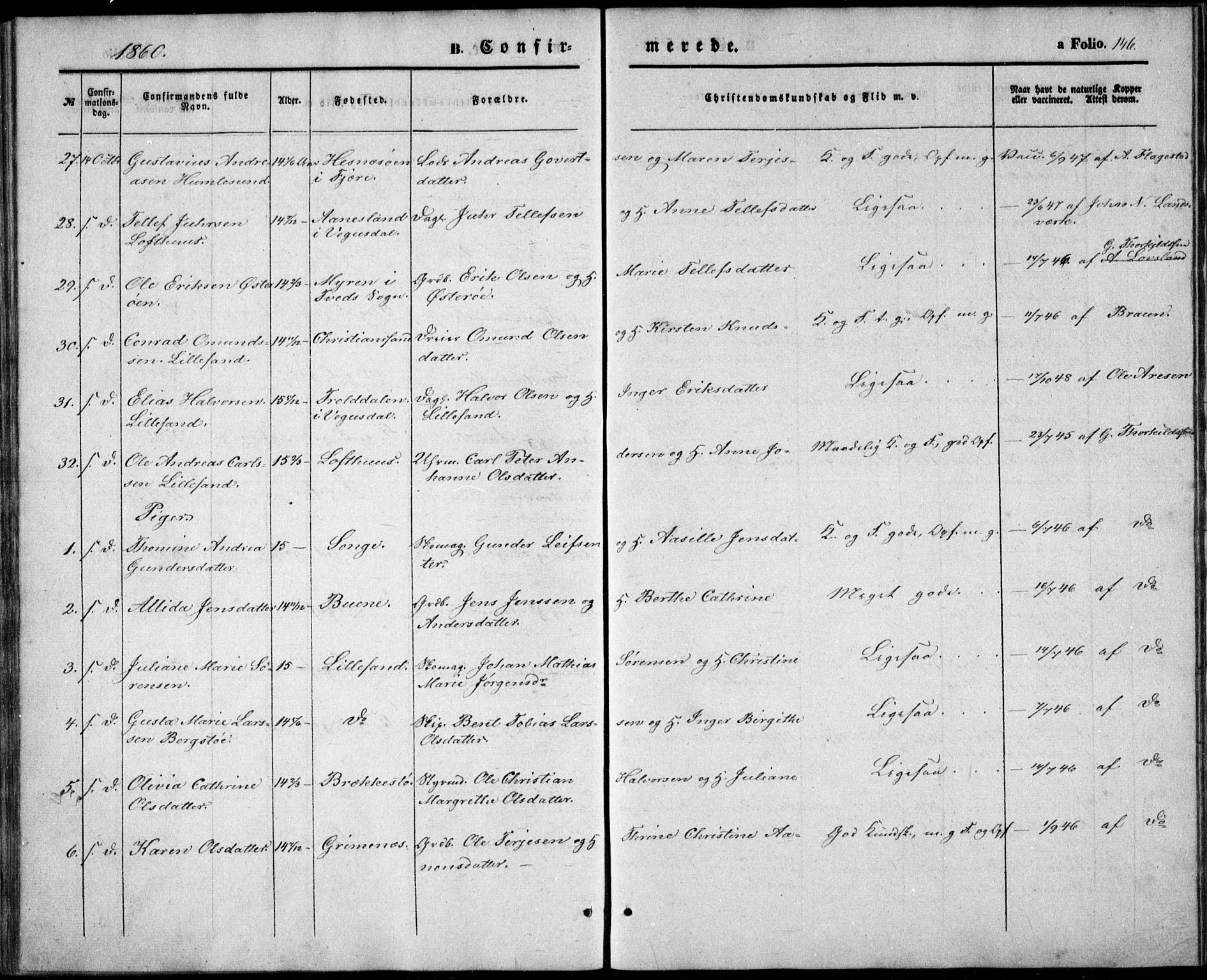 Vestre Moland sokneprestkontor, AV/SAK-1111-0046/F/Fb/Fbb/L0003: Parish register (copy) no. B 3, 1851-1861, p. 146