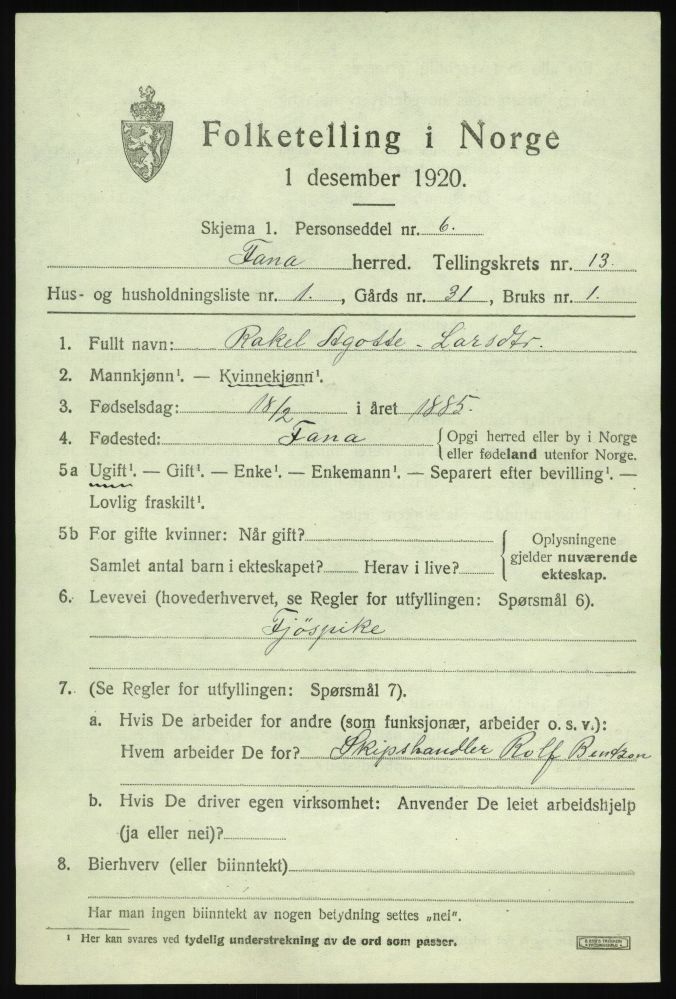 SAB, 1920 census for Fana, 1920, p. 19729