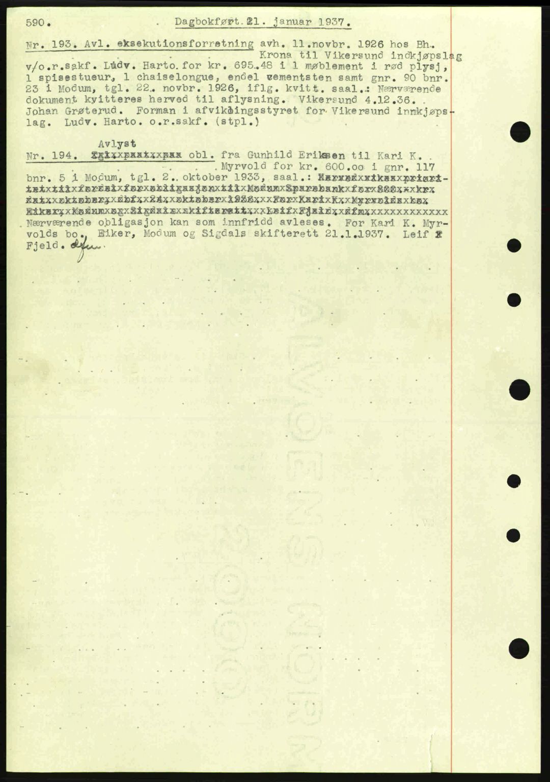 Eiker, Modum og Sigdal sorenskriveri, SAKO/A-123/G/Ga/Gab/L0034: Mortgage book no. A4, 1936-1937, Diary no: : 193/1937