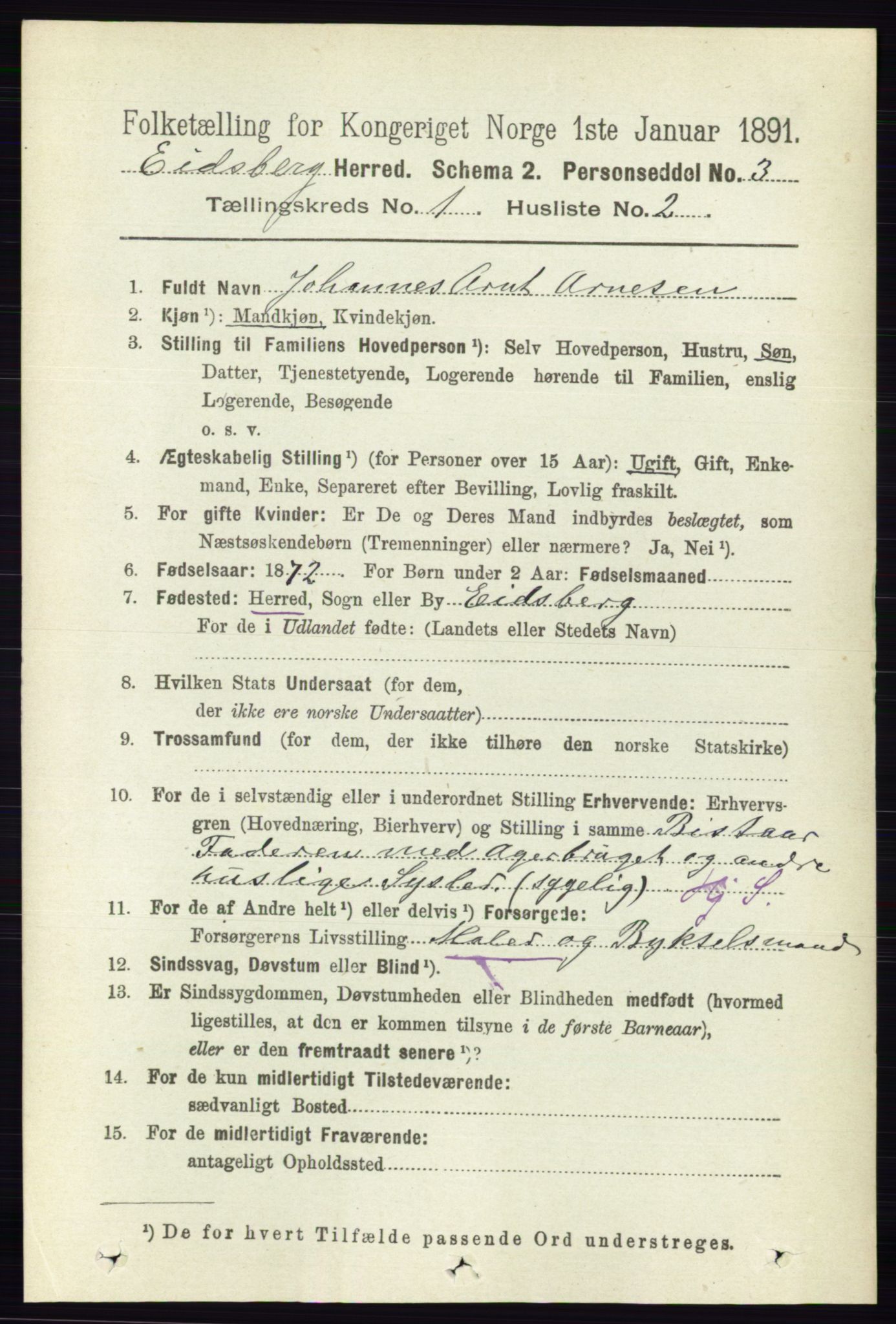 RA, 1891 census for 0125 Eidsberg, 1891, p. 148