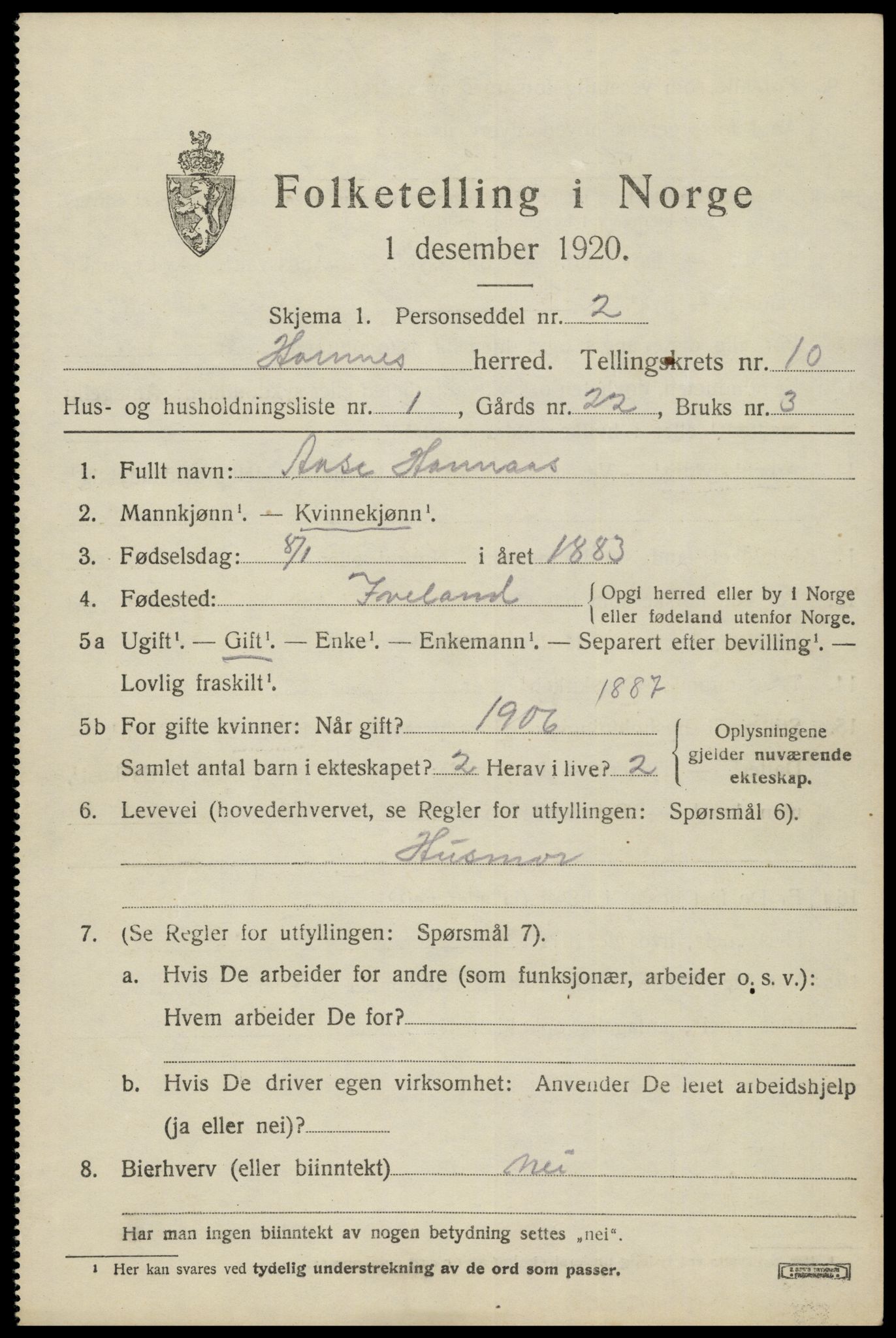 SAK, 1920 census for Hornnes, 1920, p. 2509