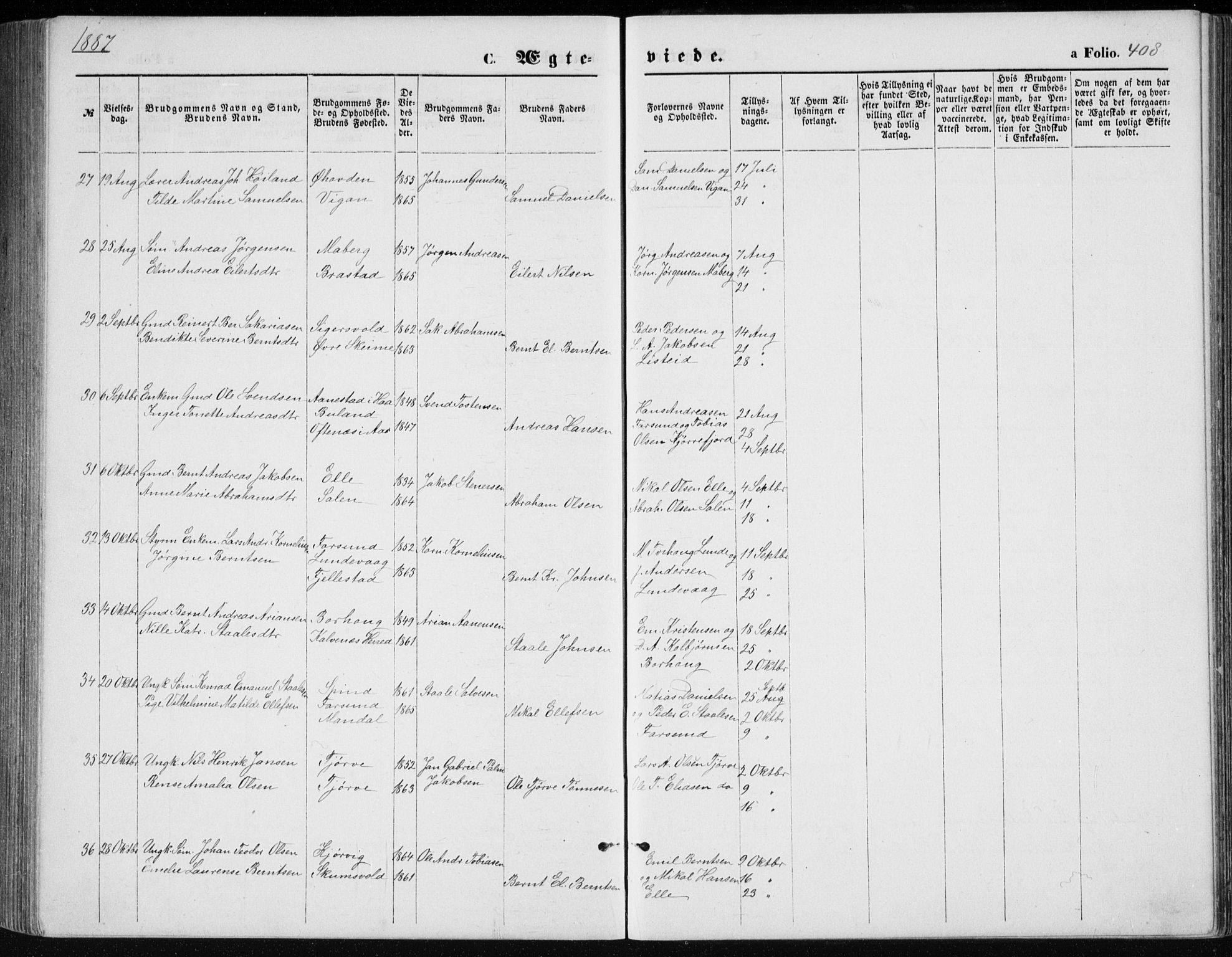 Lista sokneprestkontor, AV/SAK-1111-0027/F/Fb/L0004: Parish register (copy) no. B 4, 1877-1891, p. 408