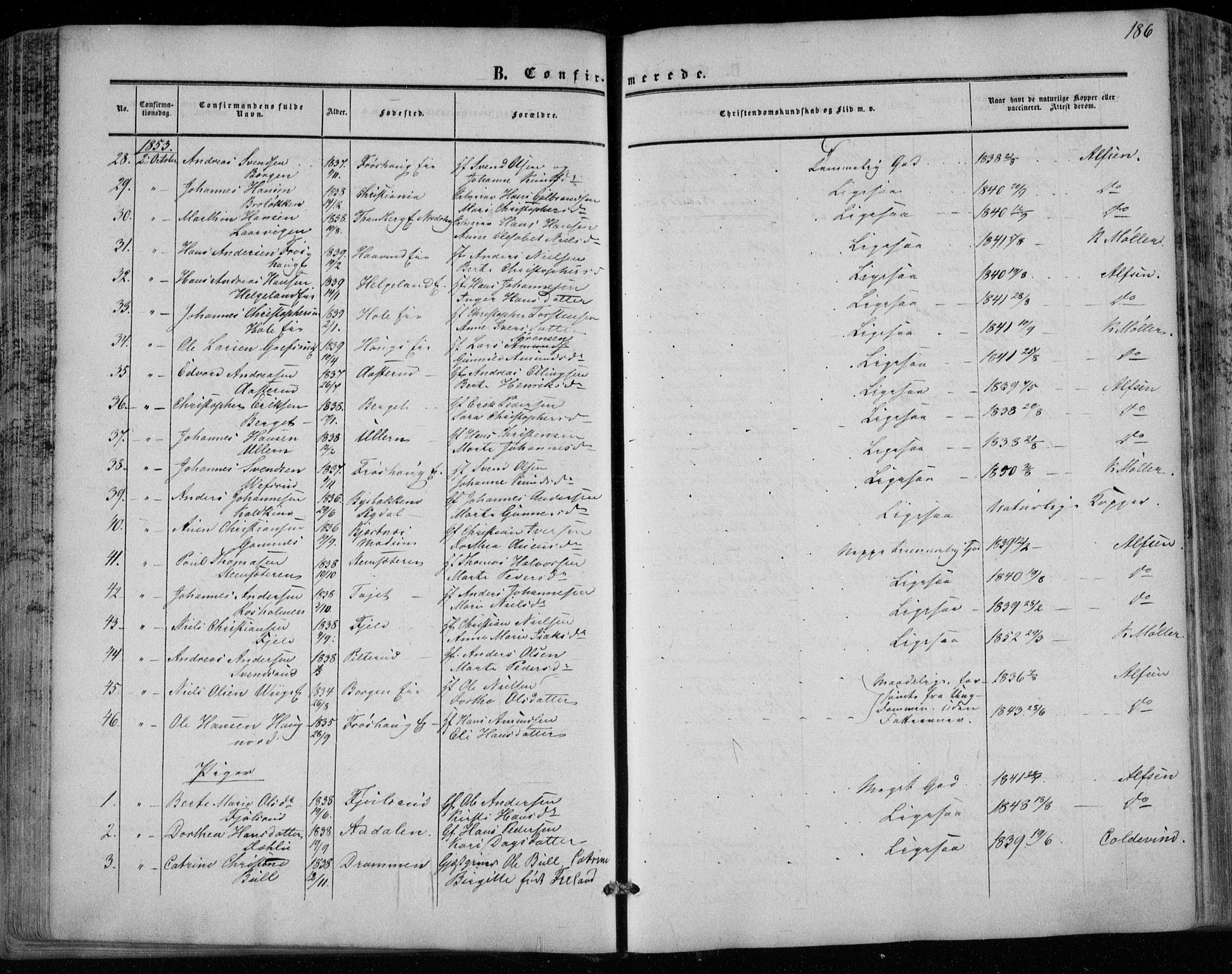 Hole kirkebøker, SAKO/A-228/F/Fa/L0006: Parish register (official) no. I 6, 1852-1872, p. 186
