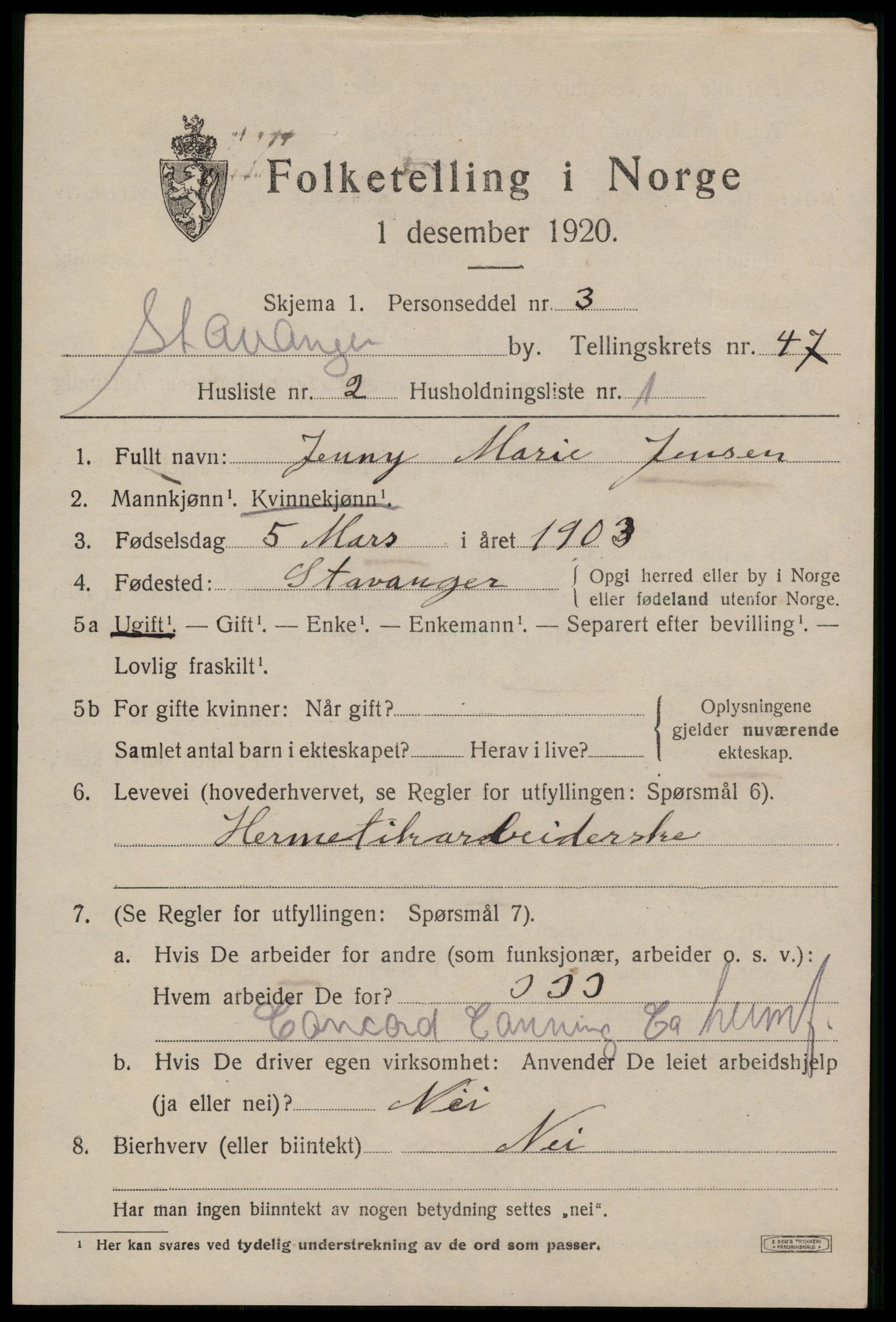 SAST, 1920 census for Stavanger, 1920, p. 113982