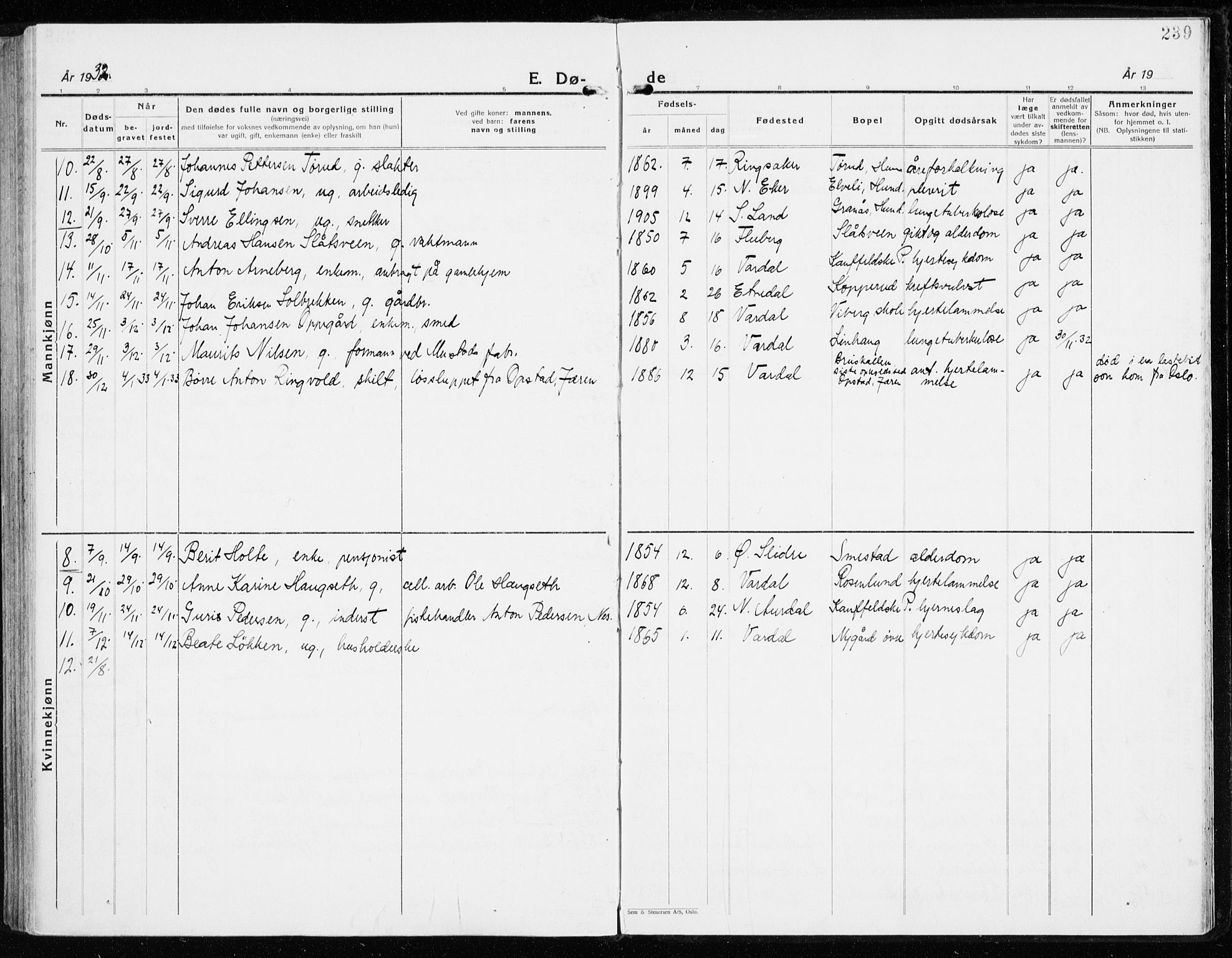 Vardal prestekontor, SAH/PREST-100/H/Ha/Haa/L0018: Parish register (official) no. 18, 1930-1945, p. 239