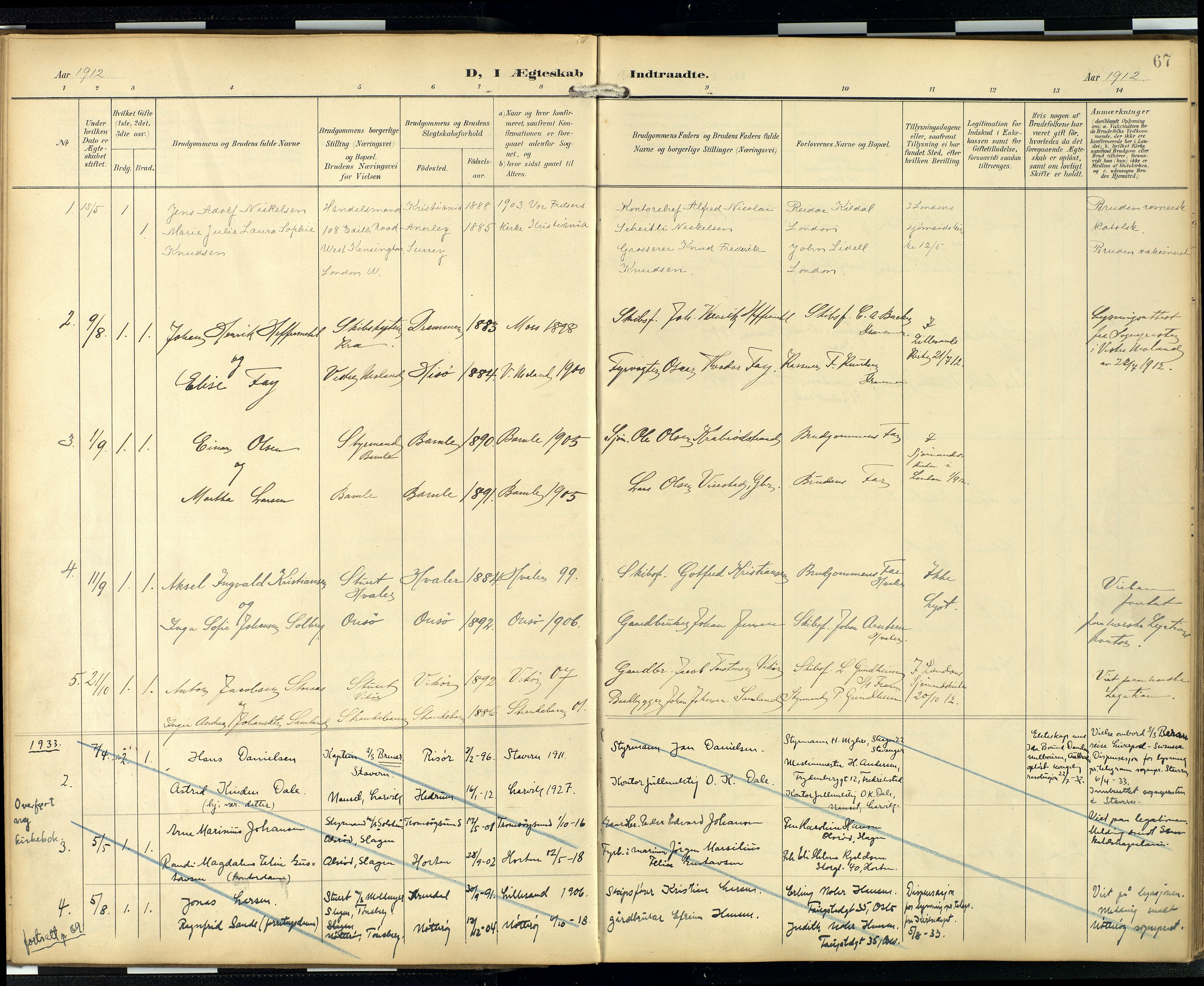  Den norske sjømannsmisjon i utlandet/London m/bistasjoner, SAB/SAB/PA-0103/H/Ha/L0003: Parish register (official) no. A 3, 1903-1934, p. 66b-67a