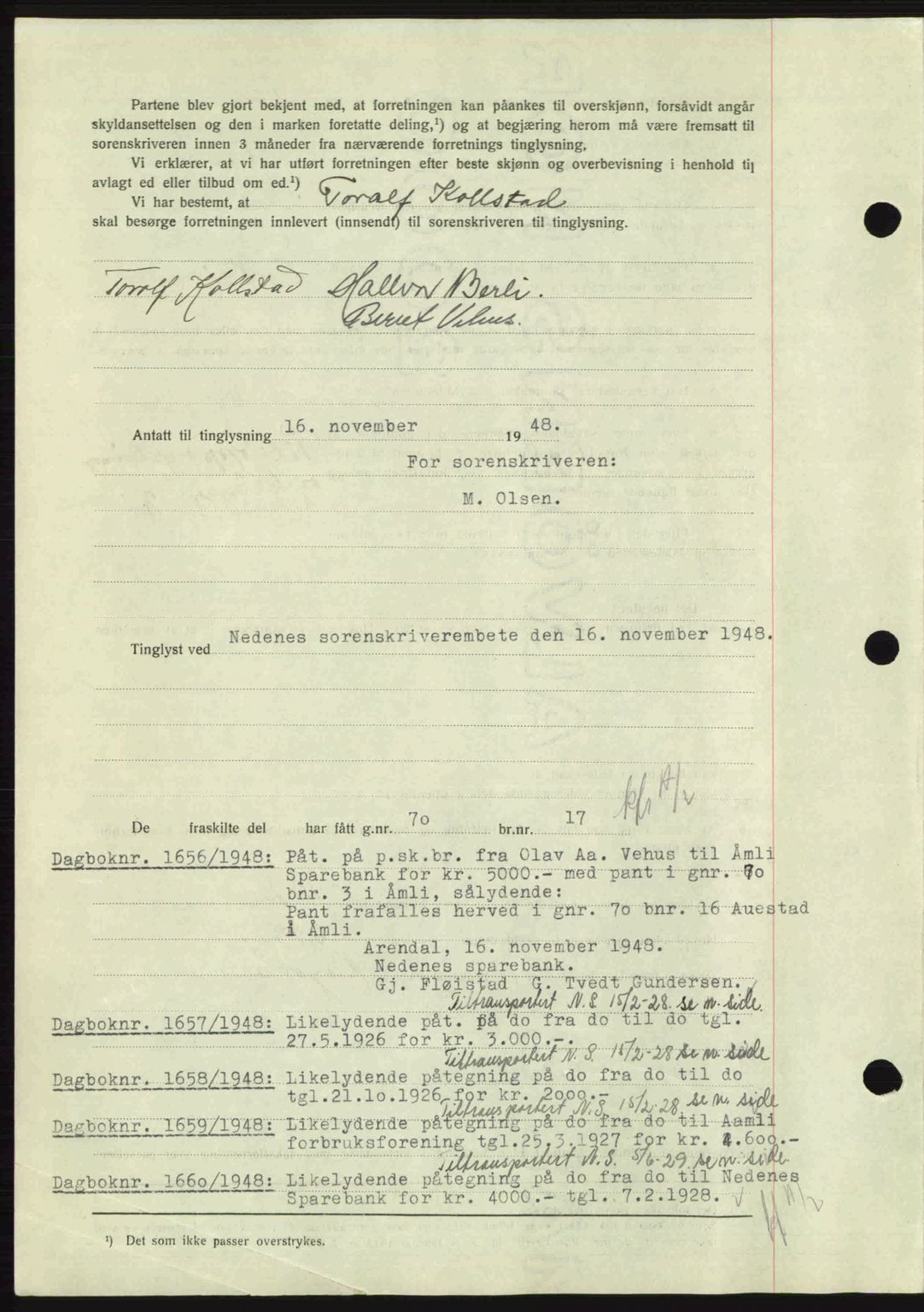 Nedenes sorenskriveri, AV/SAK-1221-0006/G/Gb/Gba/L0060: Mortgage book no. A12, 1948-1949, Diary no: : 1655/1948