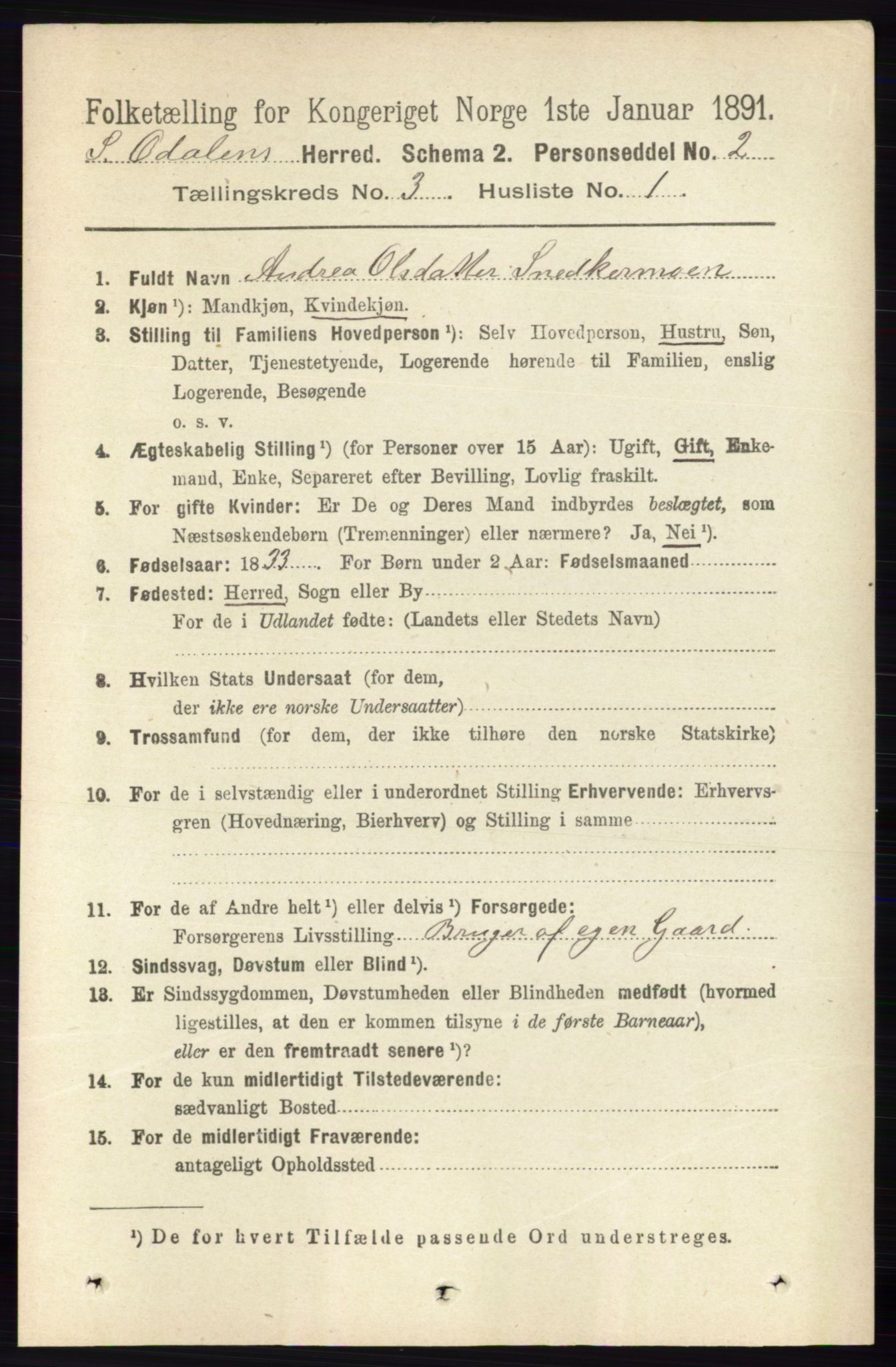 RA, 1891 census for 0419 Sør-Odal, 1891, p. 1154